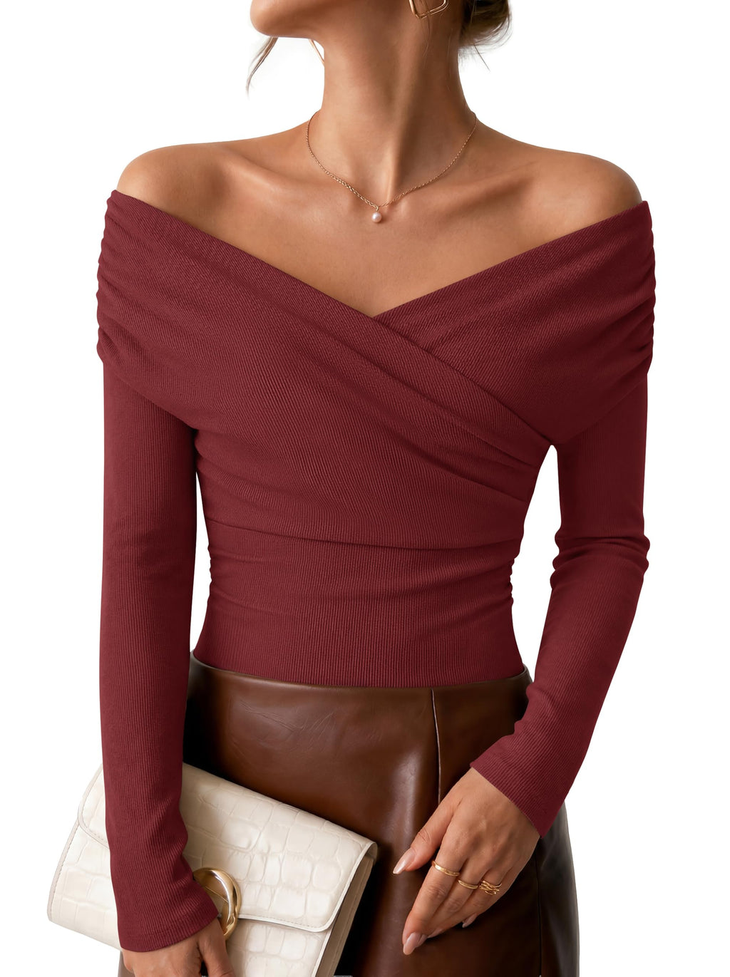 ZESICA Womens 2026 Fall Long Sleeve Wrap Off Shoulder Y2K Going Out Tops