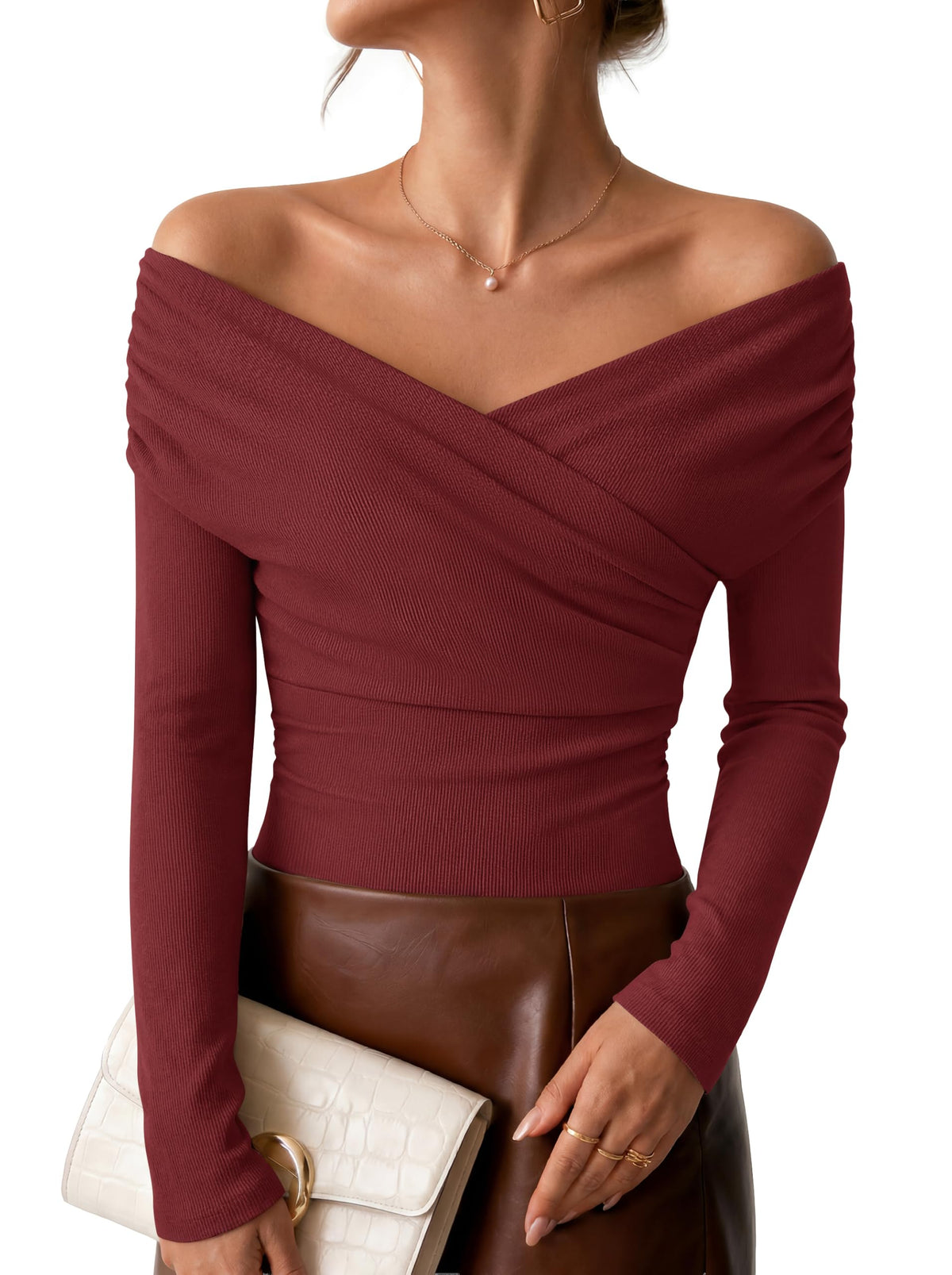 ZESICA Womens 2026 Fall Long Sleeve Wrap Off Shoulder Y2K Going Out Tops