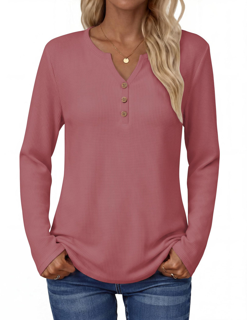 Zeagoo Women's Long Sleeve Waffle Knit Tops 2026 Fall Henley V Neck Shirts