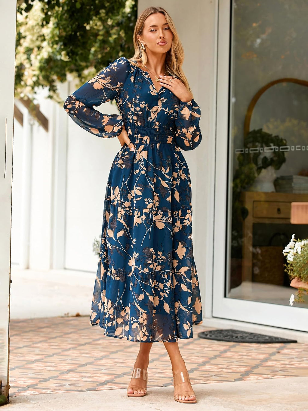 Simplee Women's Floral Boho Long Sleeve Maxi Dress V Neck Empire Waist Swing Flowy Wedding Guest Dress
