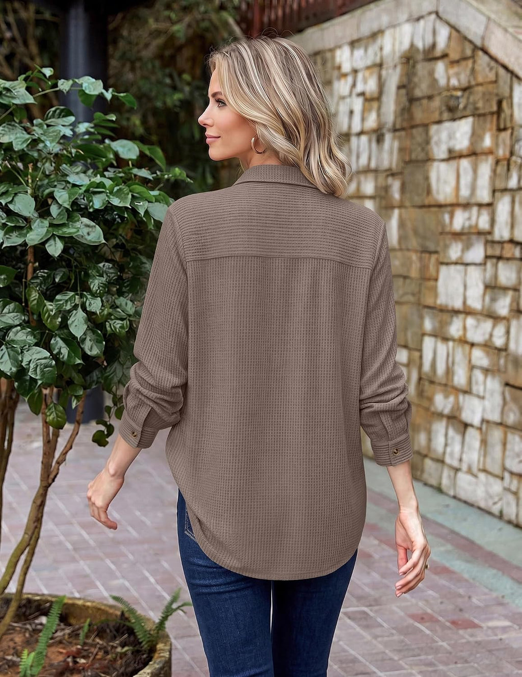 Zeagoo Womens Waffle Knit Shacket Button Down Long Sleeve Tops with Pocket
