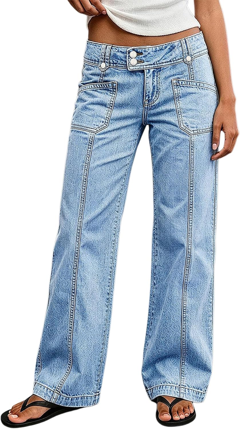 Flamingals Straight Leg Mid Waist Jeans for Women Wide Trendy