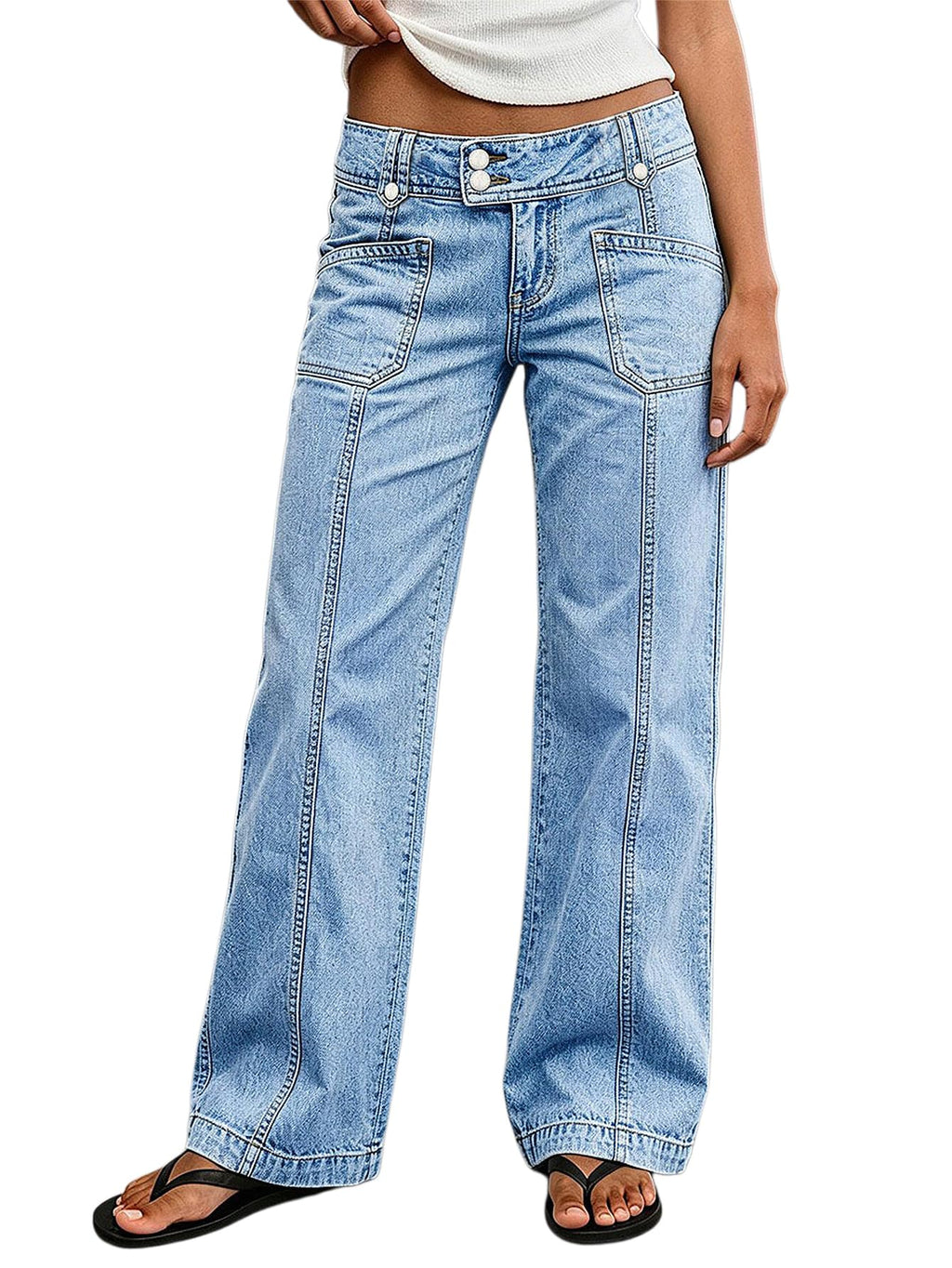 Flamingals Straight Leg Mid Waist Jeans for Women Wide Trendy