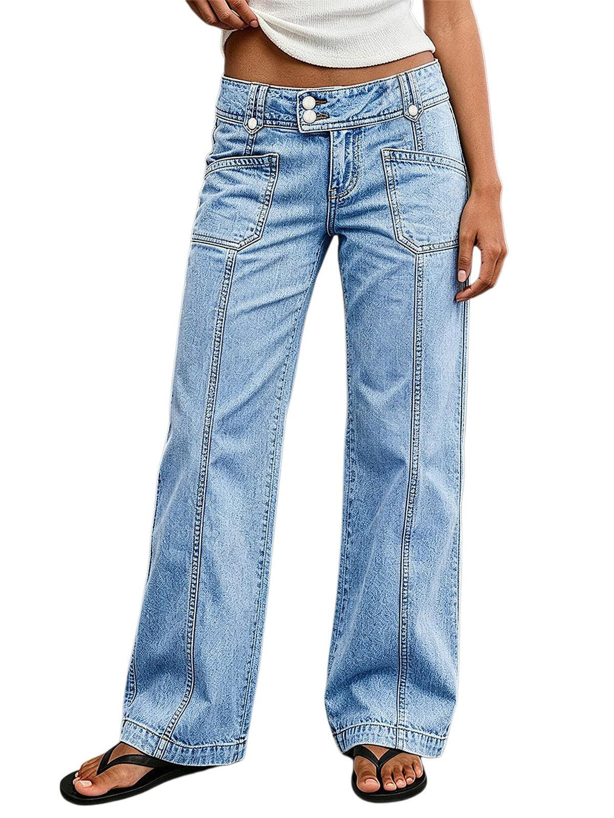 Flamingals Straight Leg Mid Waist Jeans for Women Wide Trendy