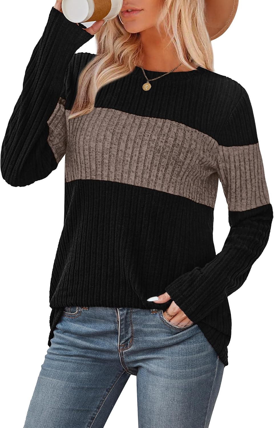 WIHOLL Womens Sweaters Trendy Color Block Tops Long Sleeve Shirts Fall Outfits Early Fall Fashion 2026 Winter Clothing