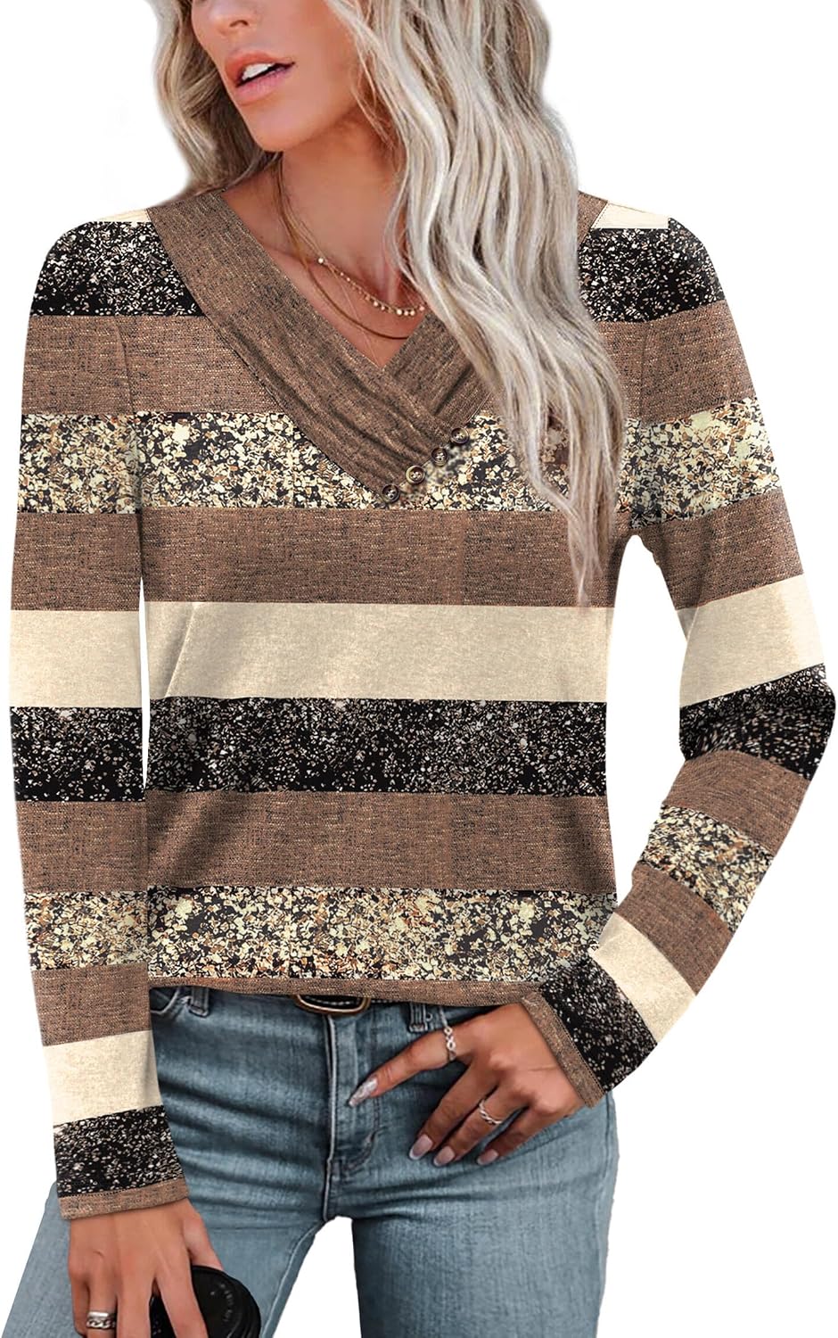 WIHOLL Long Sleeve Shirts for Women Fall Outfits V Neck T Shirts Button Down Tunic Tops Fashion Clothing