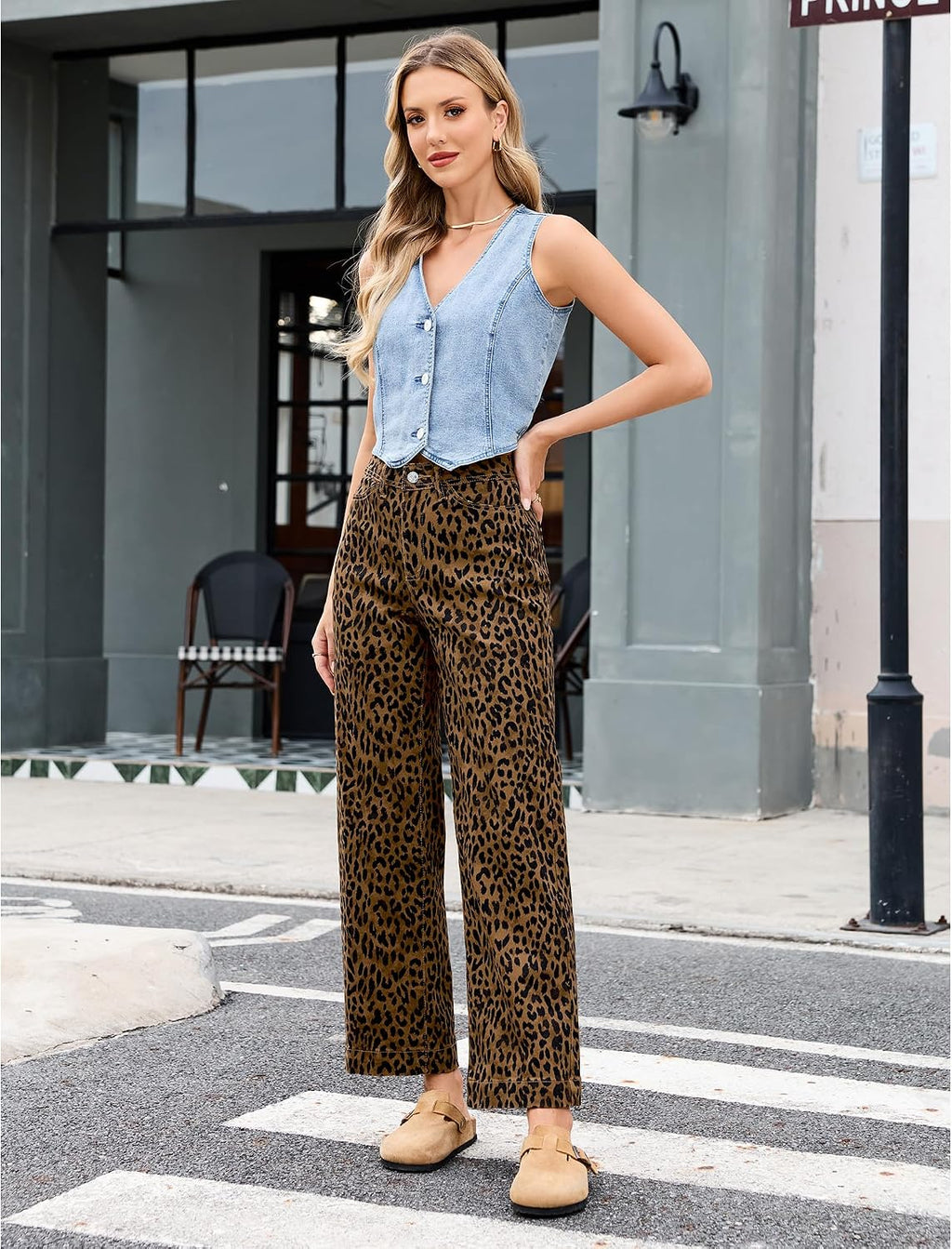 LookbookStore Wide Leg Jeans for Women Trendy High Waisted Stretchy Cheetah Leopard Pants Ankle Length Trouser Jeans