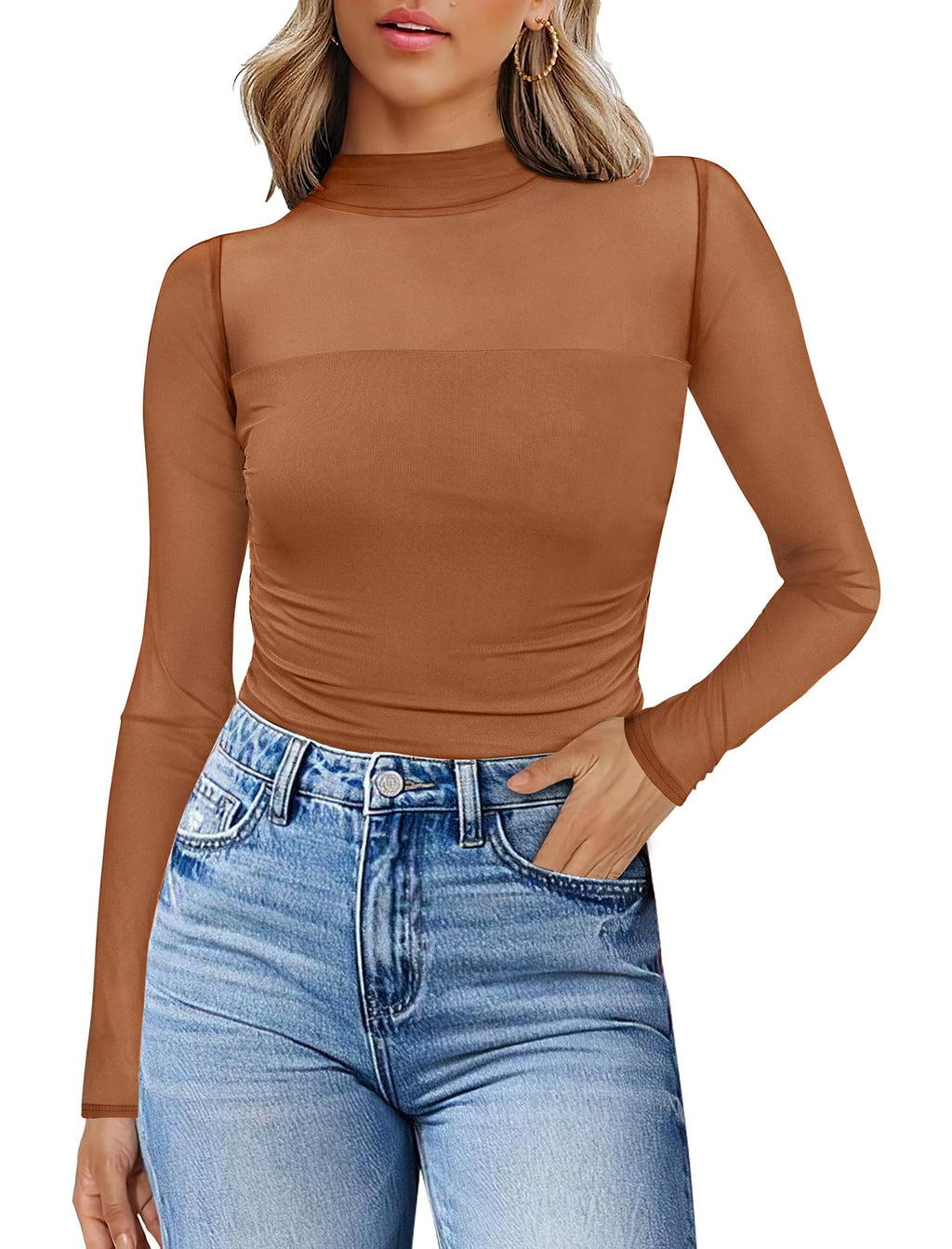 Womens Sexy Mesh Long Sleeve Shirts Fashion Clothing Turtle Necks Sheer Ruched Going Out Tops Fall Outfits Slim Fit Blouses