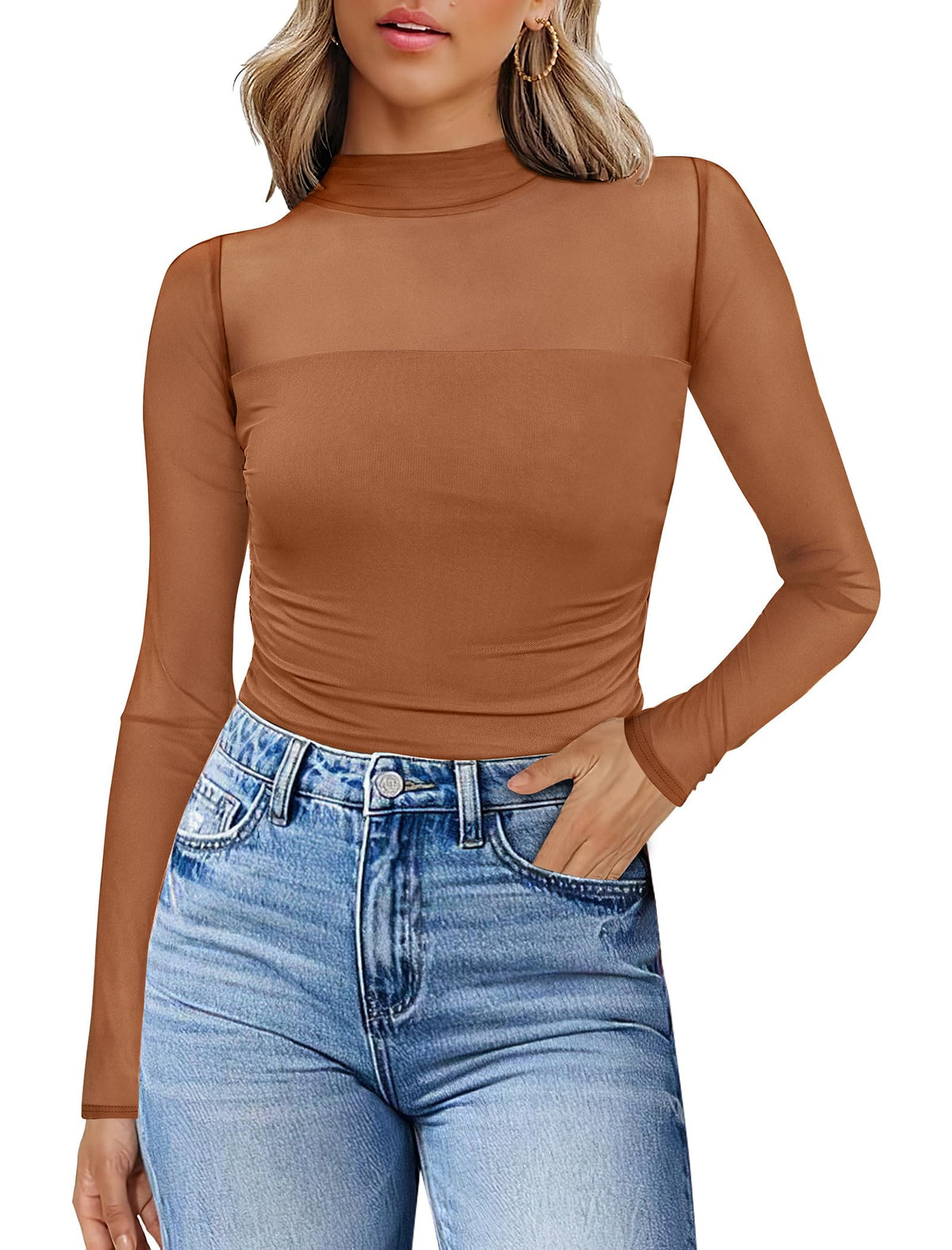 Womens Sexy Mesh Long Sleeve Shirts Fashion Clothing Turtle Necks Sheer Ruched Going Out Tops Fall Outfits Slim Fit Blouses