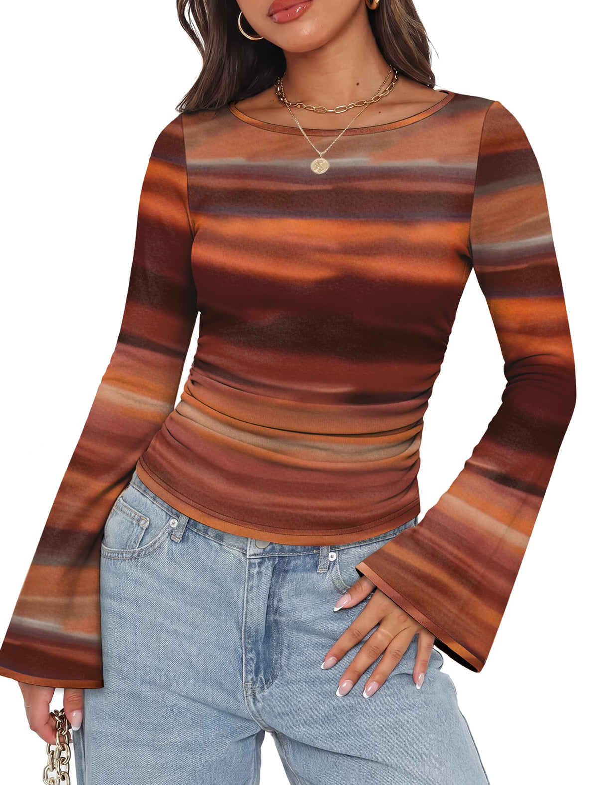 WIHOLL Bell Sleeve Tops for Women Boat Neck Ruched Ribbed Long Sleeve Fall Shirts for Women 2026
