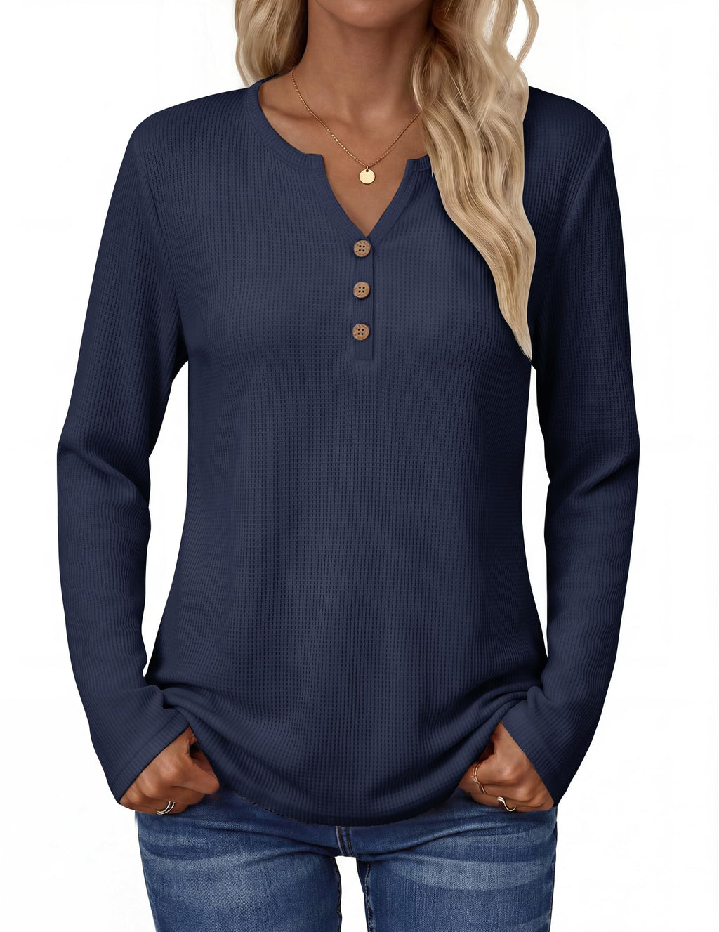 Zeagoo Women's Long Sleeve Waffle Knit Tops 2026 Fall Henley V Neck Shirts