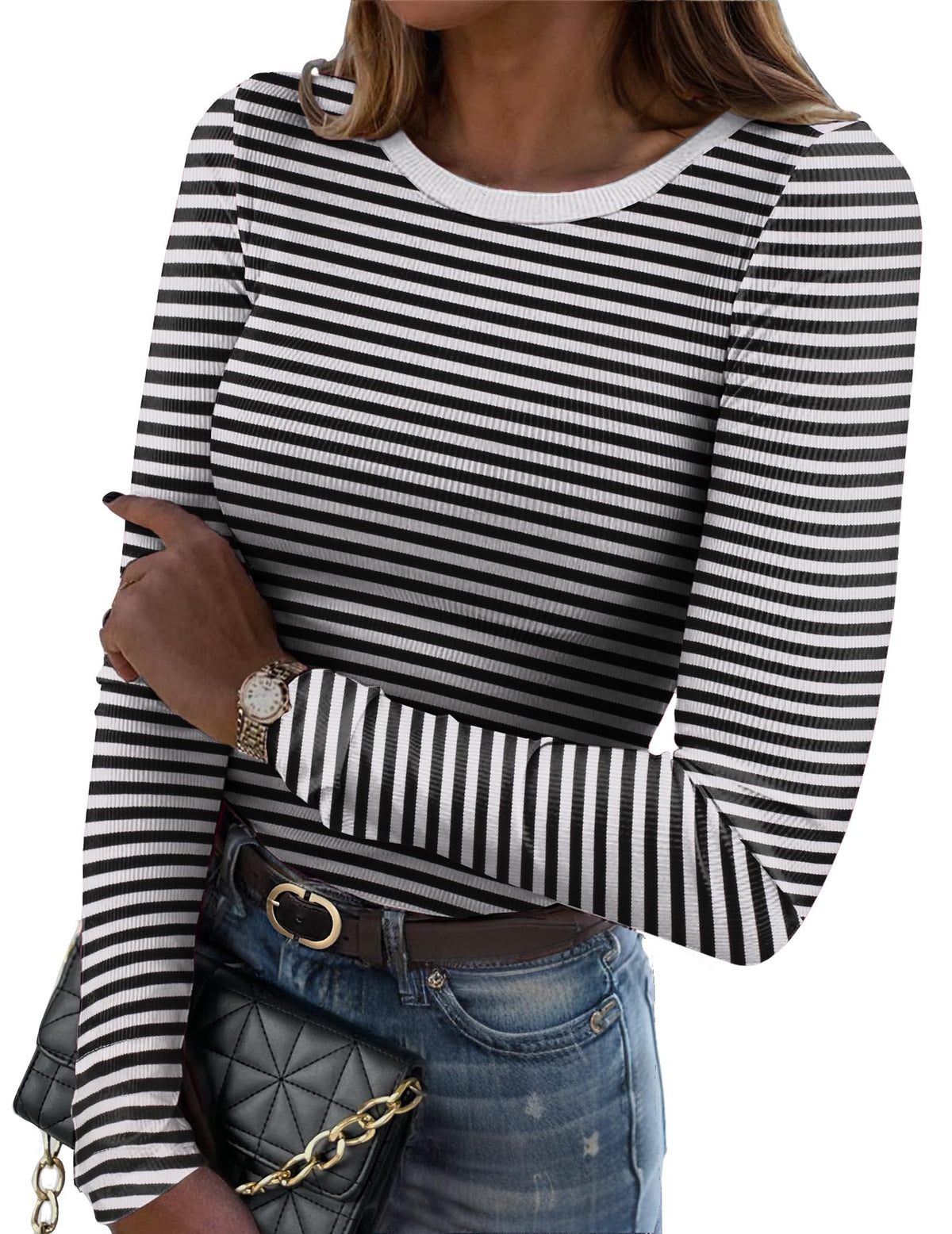 Zeagoo Women Long Sleeve Shirts Ribbed Slim Fit Tops Crewneck Basic Tee