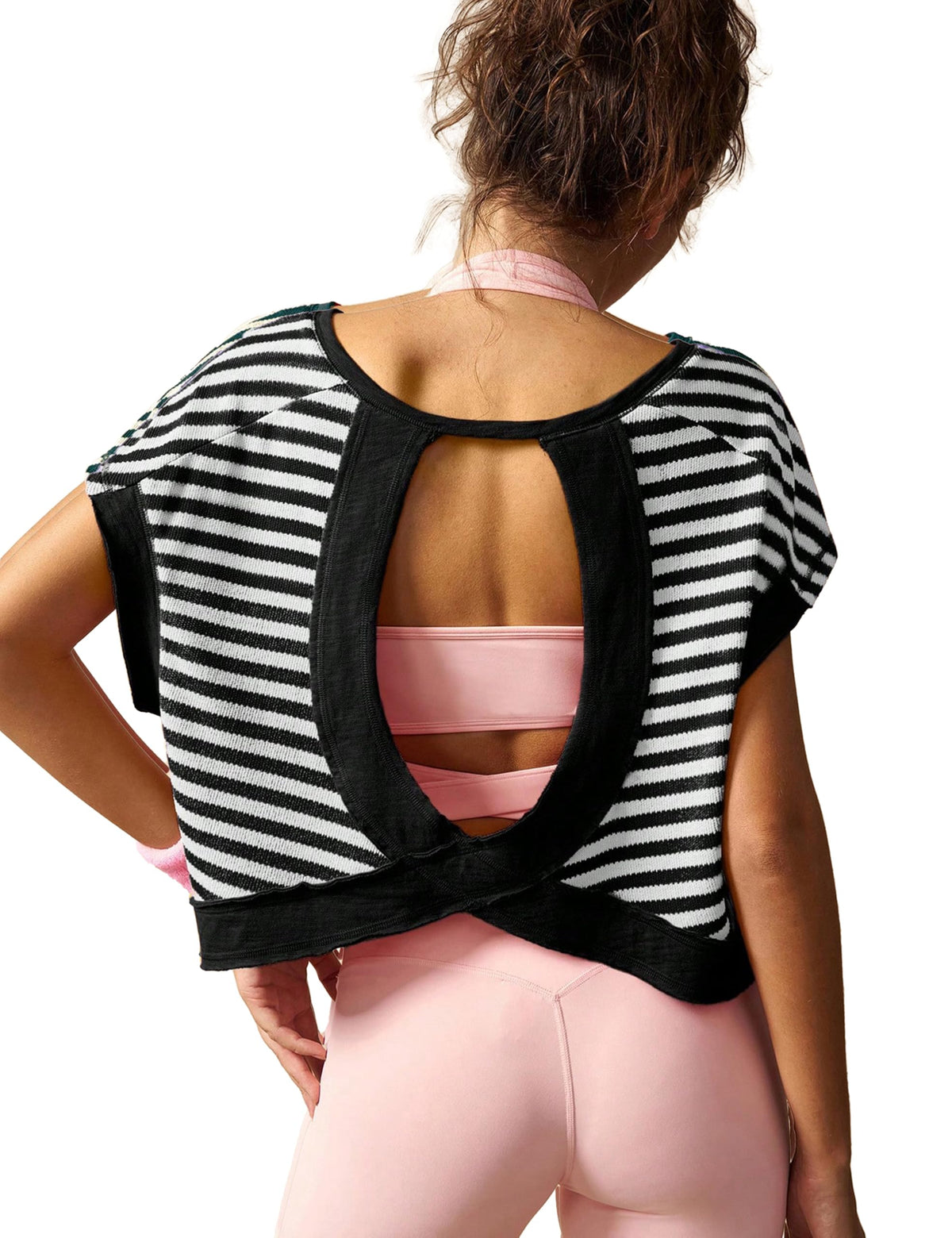 Open Back Tops for Women Oversized Short Sleeve Workout T Shirts Backless Y2k Athletic Crop Running Tees