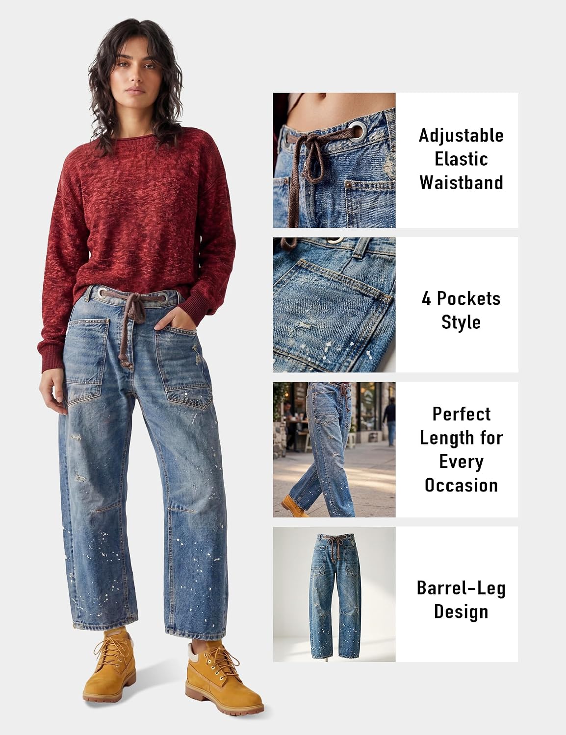 Mewunan Womens Pull-On Barrel Jeans Mid-Low Rise Boyfriend Drawstring Ankle Baggy Elastic Waist Stretchy Boho Denim Pants