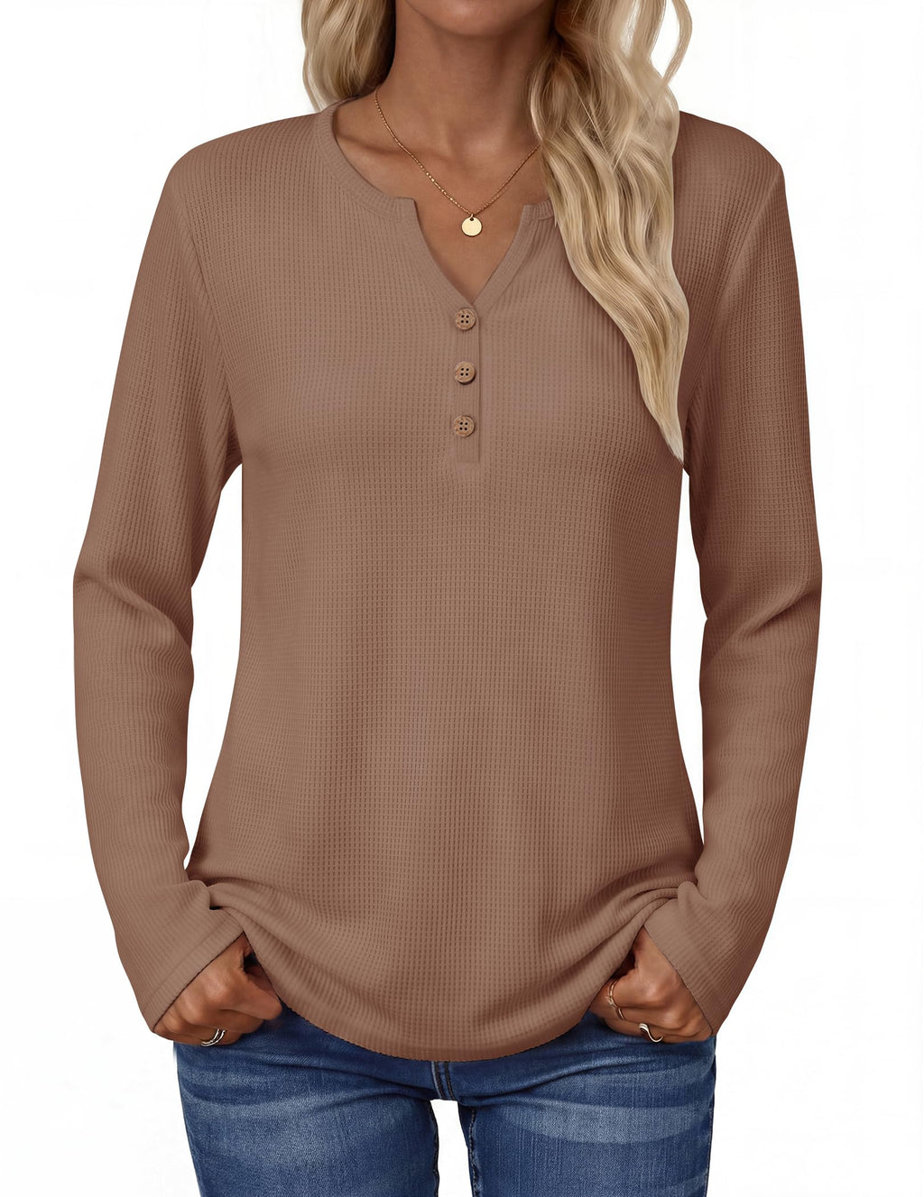 Zeagoo Women's Long Sleeve Waffle Knit Tops 2026 Fall Henley V Neck Shirts