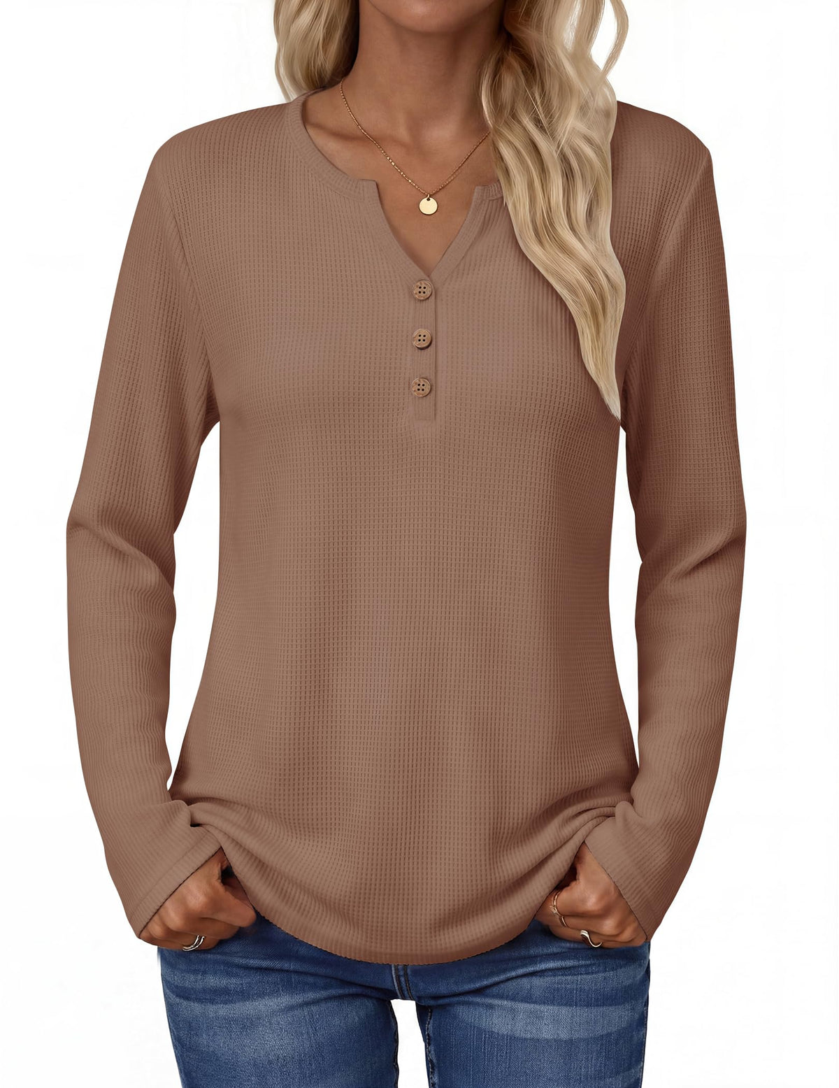 Zeagoo Women's Long Sleeve Waffle Knit Tops 2026 Fall Henley V Neck Shirts