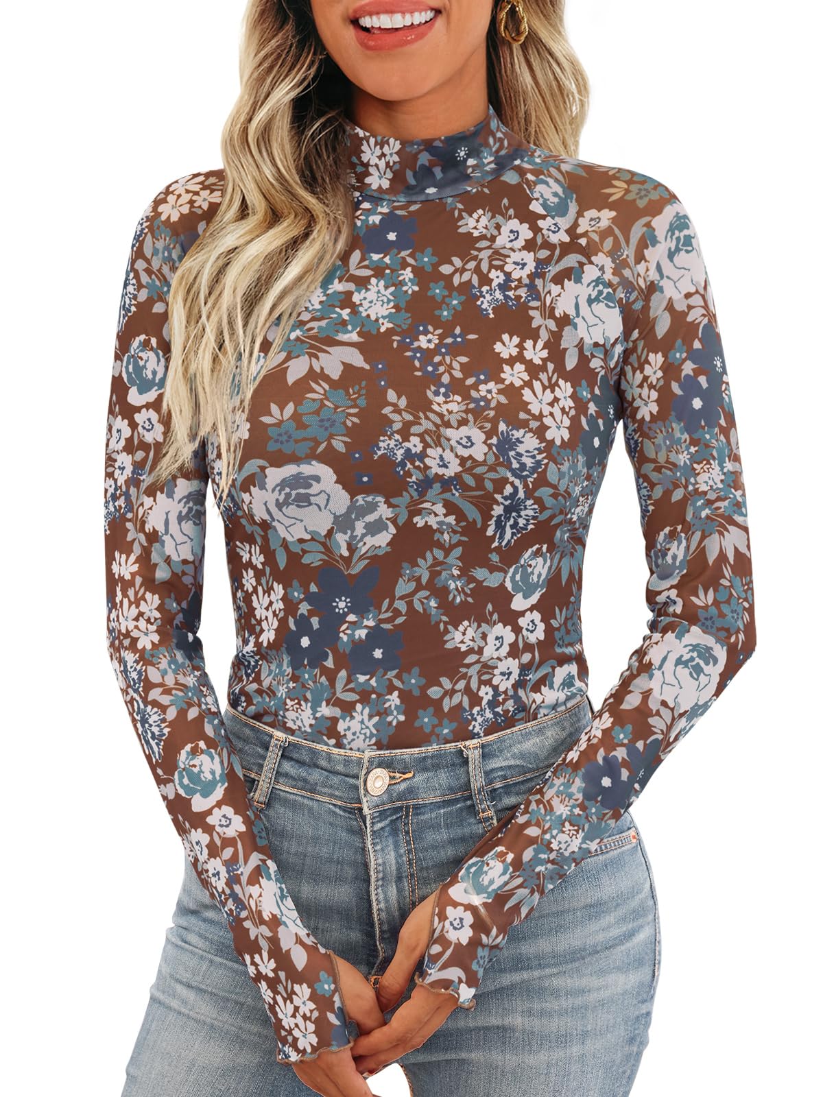 Dealmore Womens Lace Sheer Floral Mesh Mock Neck Tops