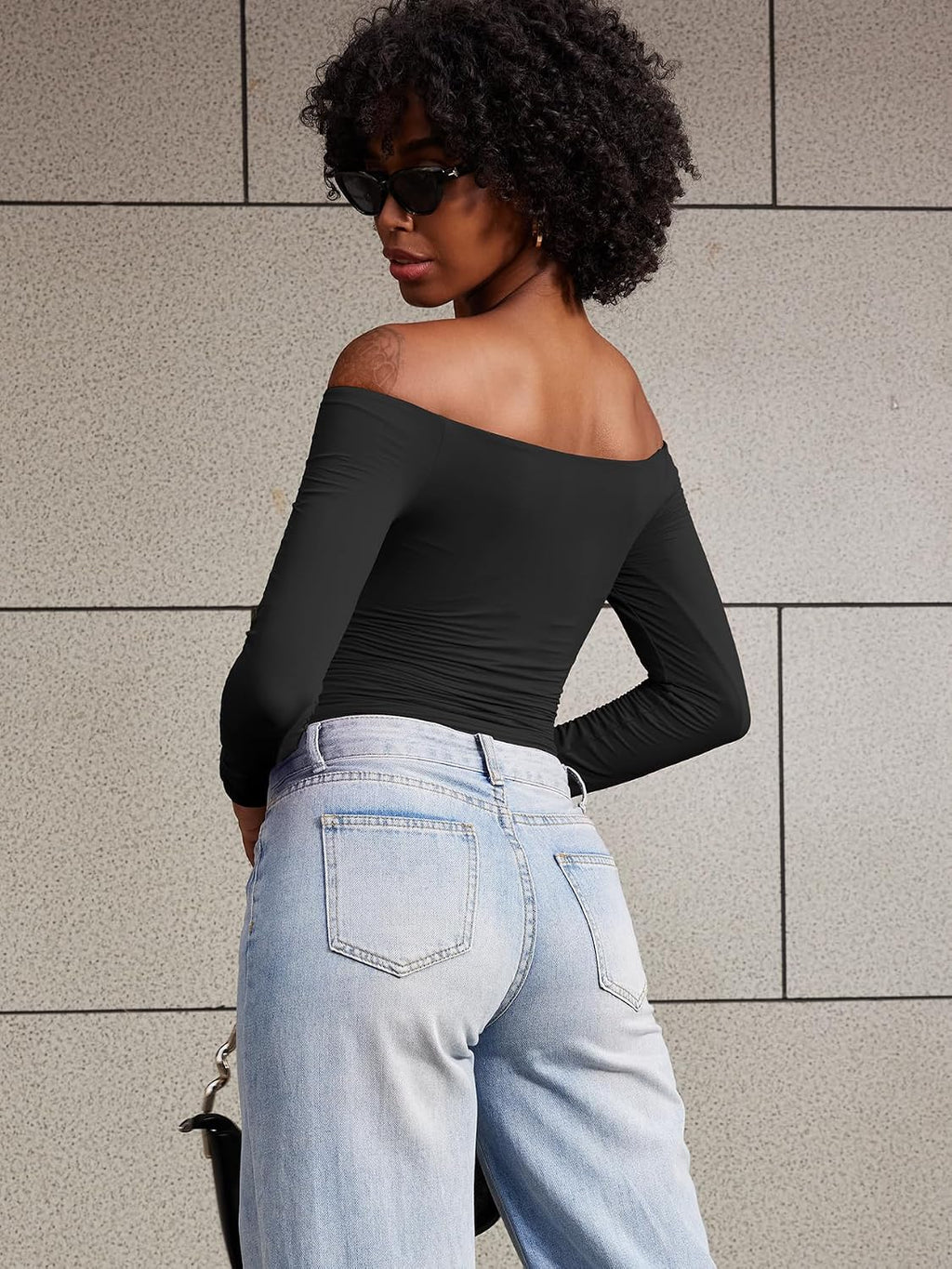 YEOREO Ease Women Off Shoulder Long Sleeve Shirts Double Lined Basic Top