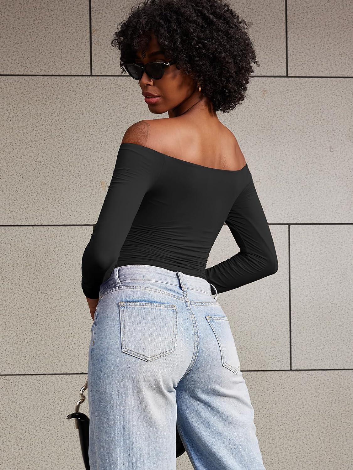 YEOREO Ease Women Off Shoulder Long Sleeve Shirts Double Lined Basic Top