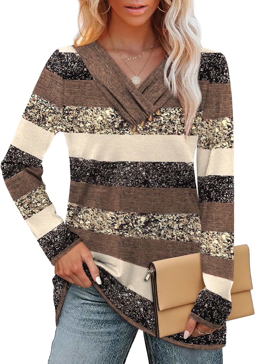 WIHOLL Long Sleeve Shirts for Women Fall Outfits V Neck T Shirts Button Down Tunic Tops Fashion Clothing