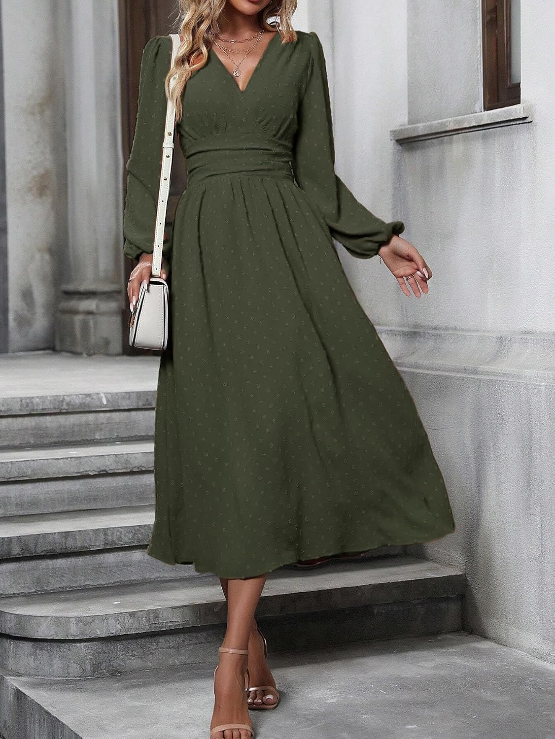 Mettclasi Women's Spring Fall Swiss Dot V-Neck Midi Dress Casual Puff Long Lantern Sleeve A-Line Flowy Wedding Guest Dress