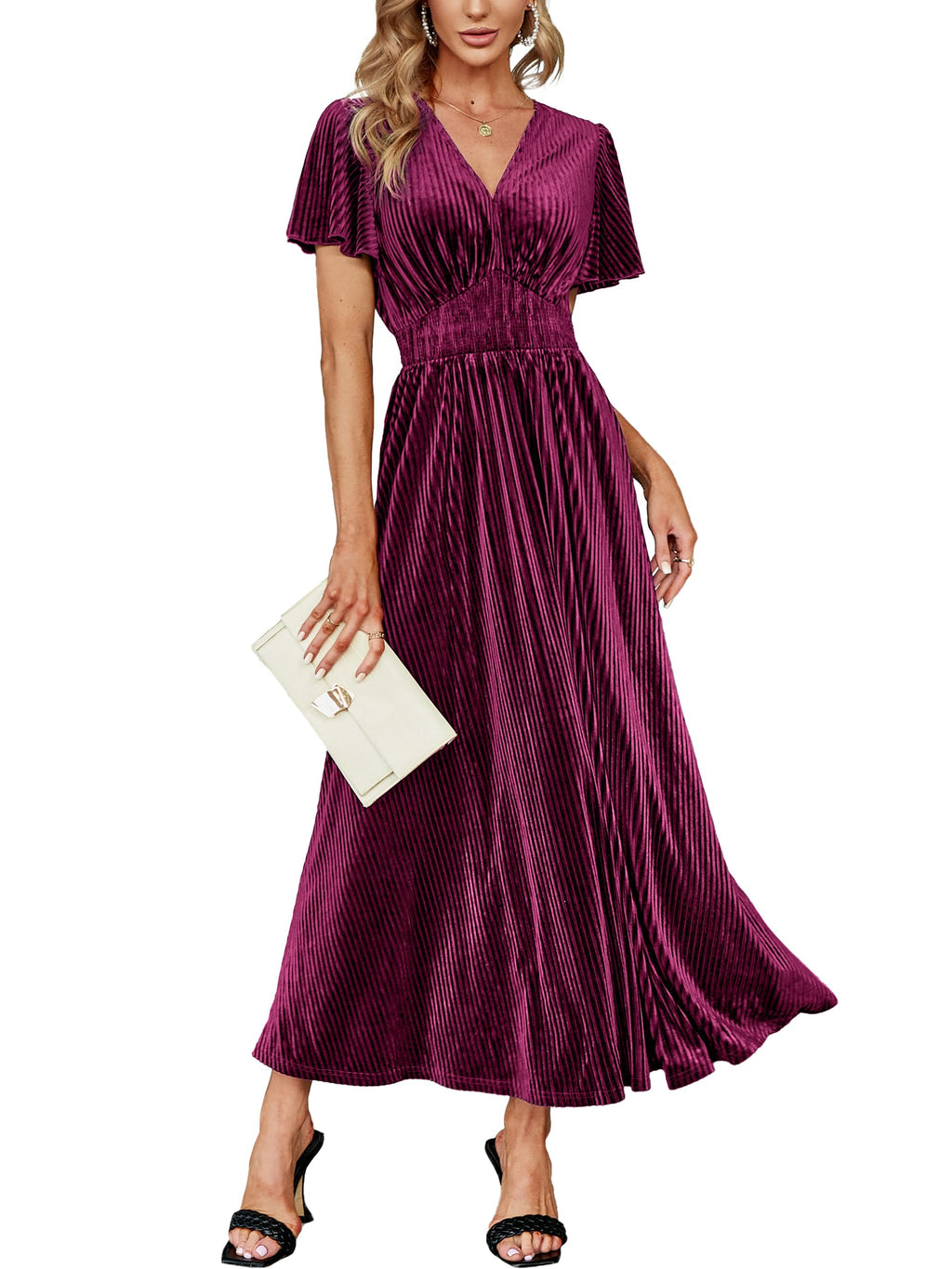 Simplee Women’s V Neck Velvet Maxi Dress Short Sleeve Empire Waist Long Formal Dress for Wedding Guest