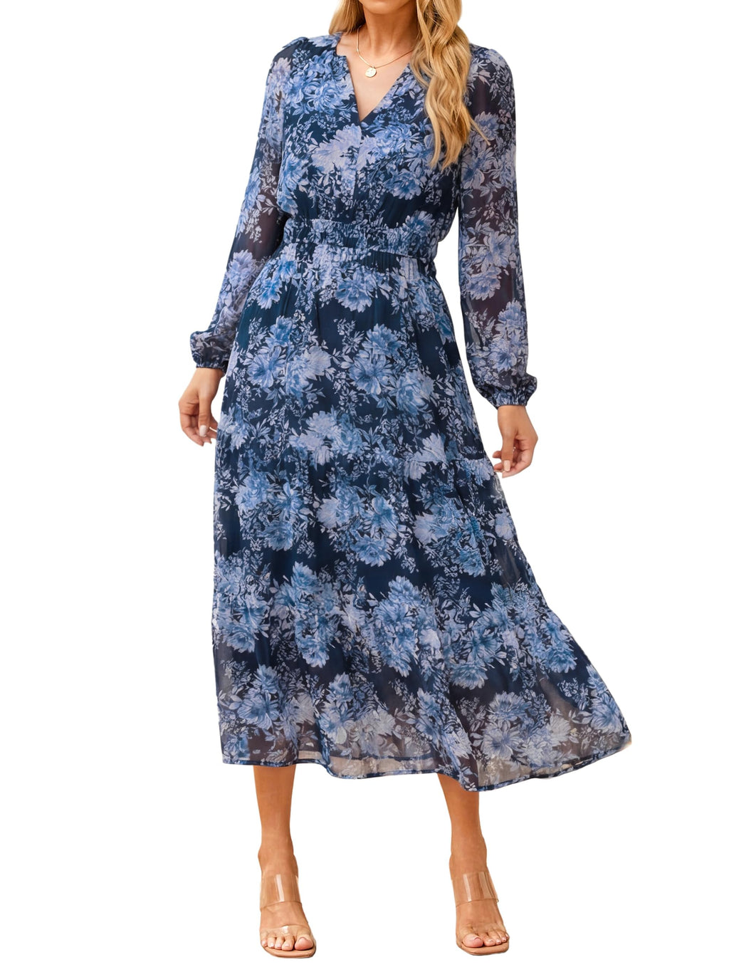 Simplee Women's Floral Boho Long Sleeve Maxi Dress V Neck Empire Waist Swing Flowy Wedding Guest Dress