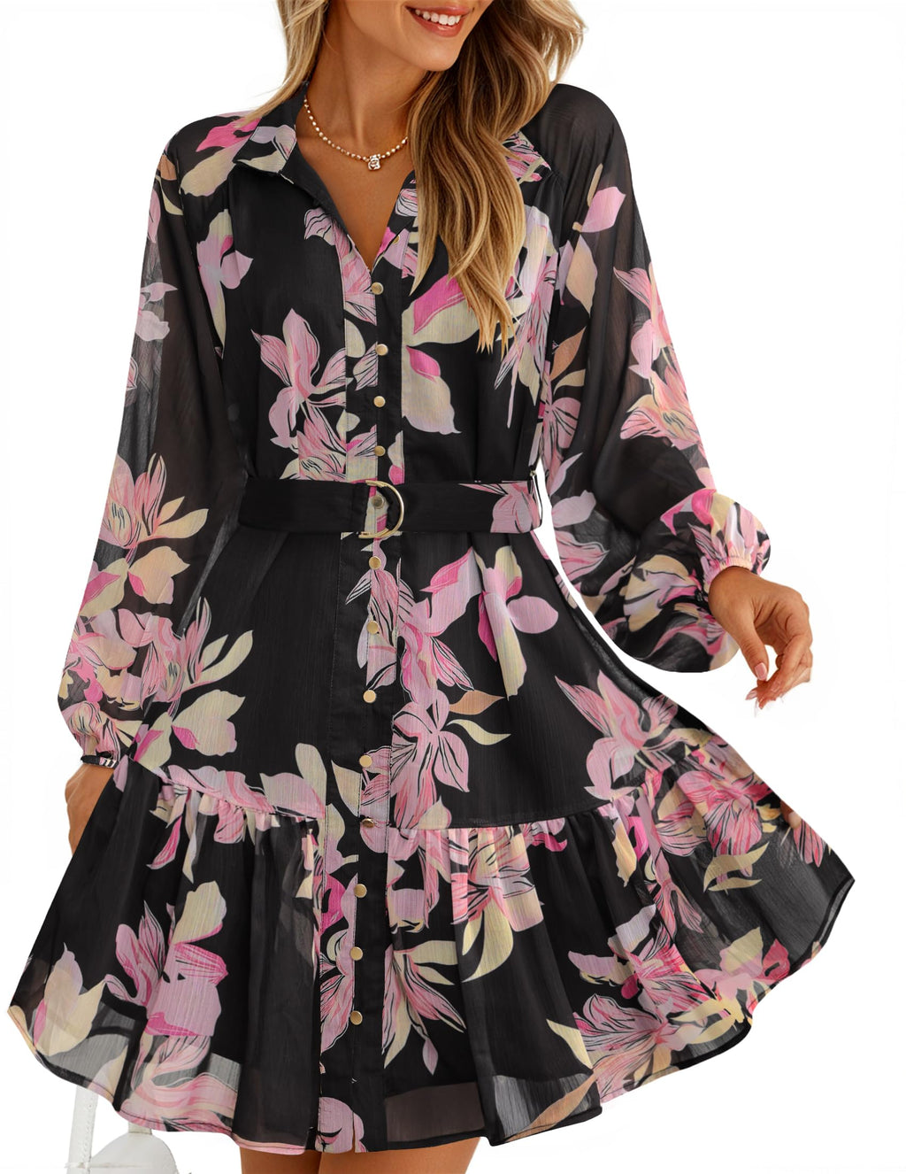 ZESICA Womens 2026 Fall Long Sleeve Floral Mini Dress
