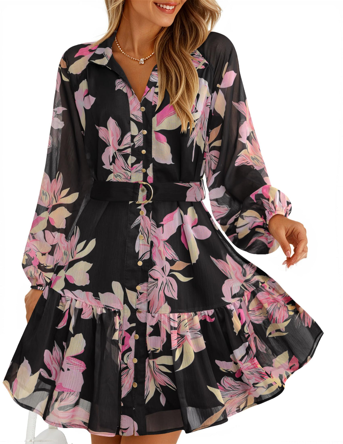 ZESICA Womens 2026 Fall Long Sleeve Floral Mini Dress