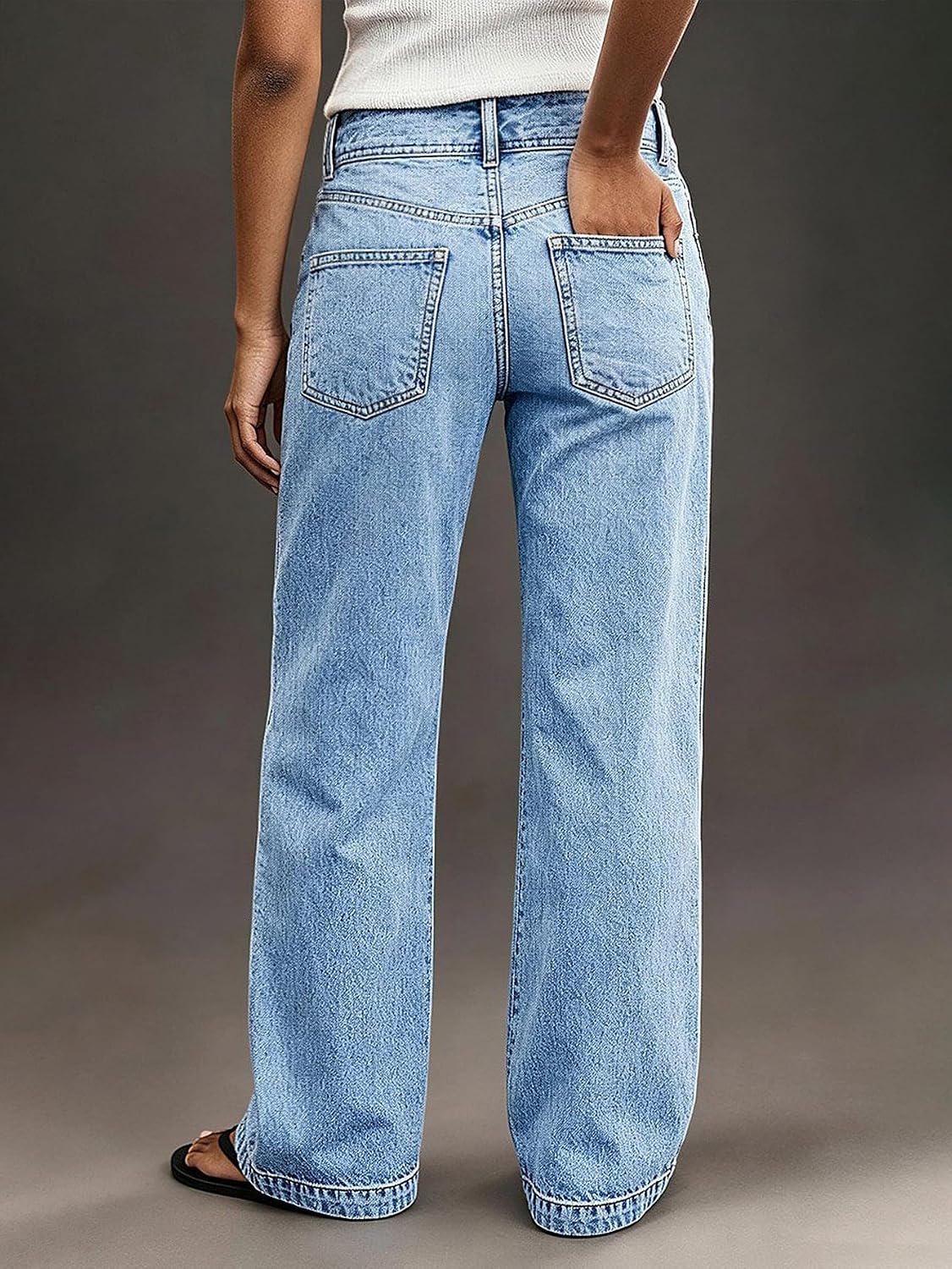 Flamingals Straight Leg Mid Waist Jeans for Women Wide Trendy