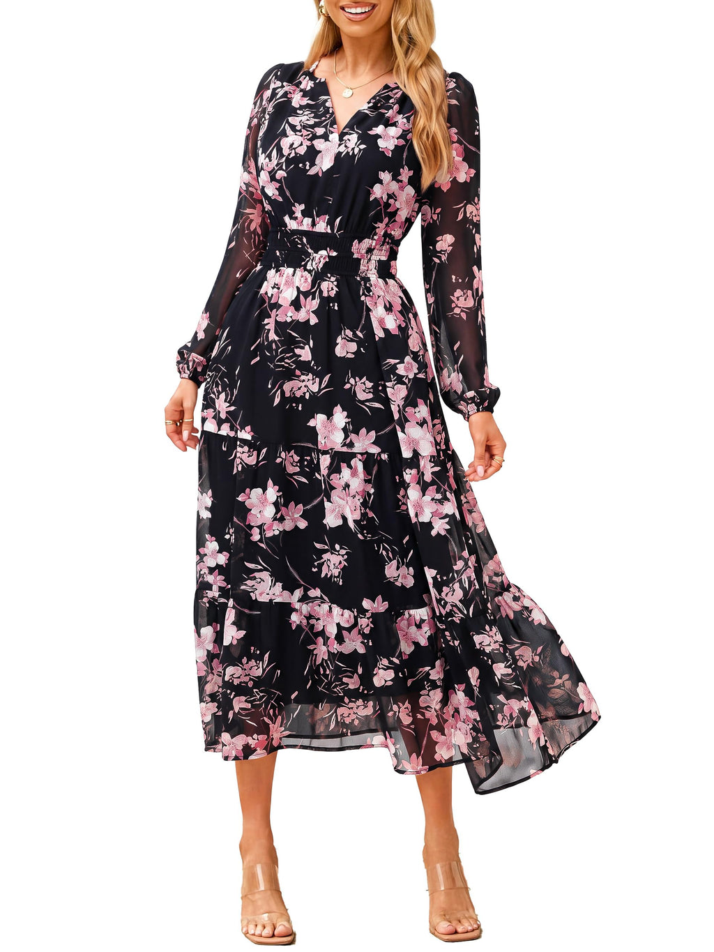 Simplee Women's Floral Boho Long Sleeve Maxi Dress V Neck Empire Waist Swing Flowy Wedding Guest Dress
