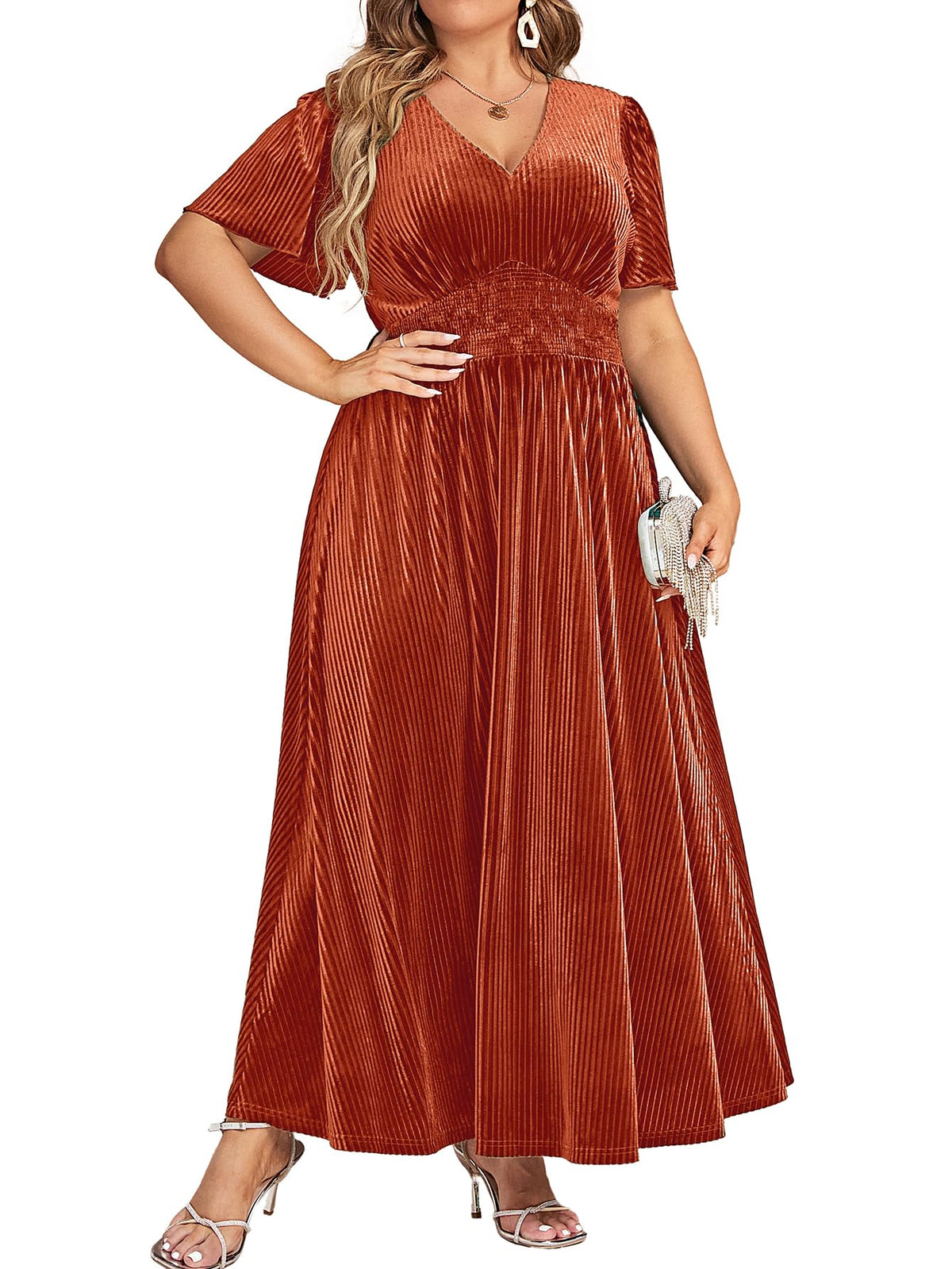 Simplee Women’s V Neck Velvet Maxi Dress Short Sleeve Empire Waist Long Formal Dress for Wedding Guest