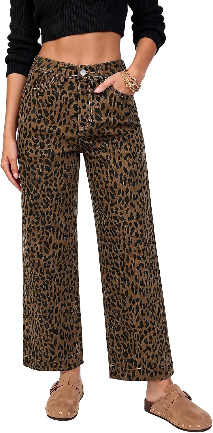 LookbookStore Wide Leg Jeans for Women Trendy High Waisted Stretchy Cheetah Leopard Pants Ankle Length Trouser Jeans