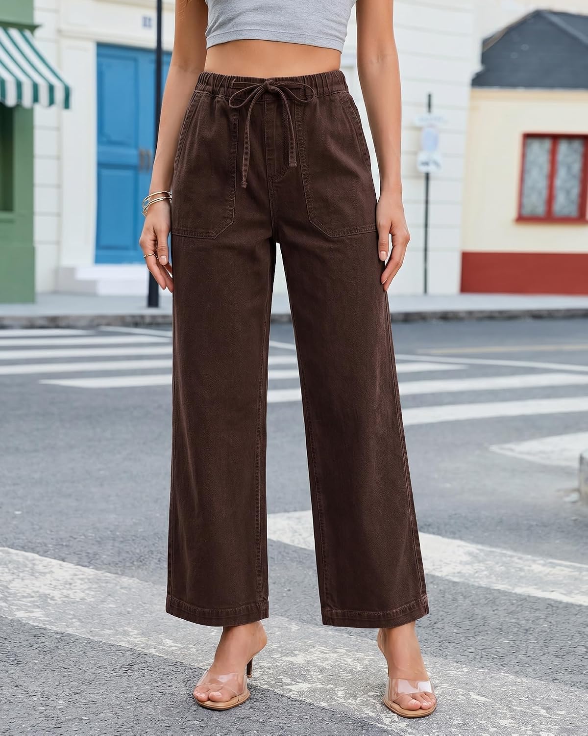 GRAPENT Wide Leg Jeans for Women Trendy High Waisted Drawstring Tie Elastic Waist Stretchy Denim Pants Trouser Jeans