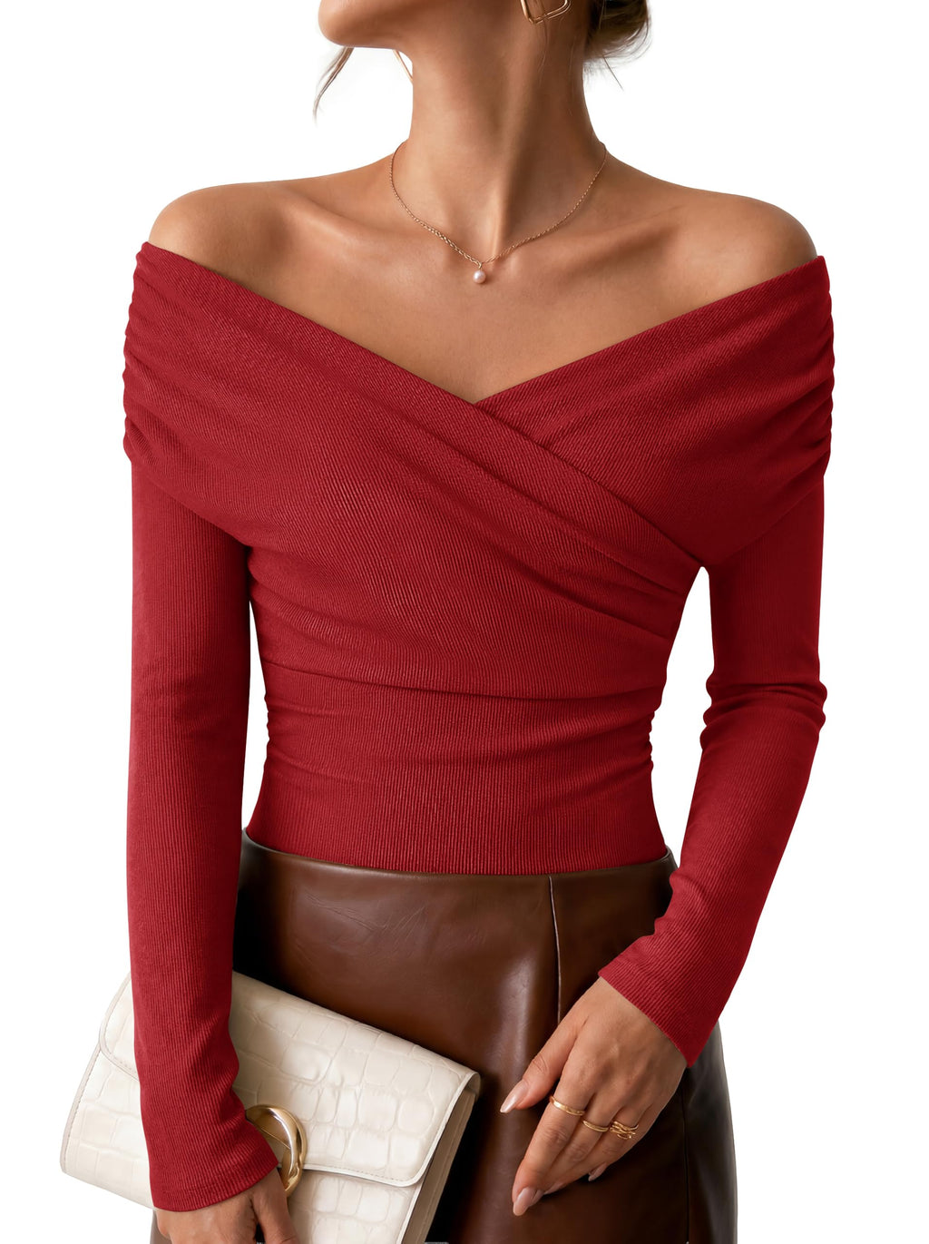ZESICA Womens 2026 Fall Long Sleeve Wrap Off Shoulder Y2K Going Out Tops