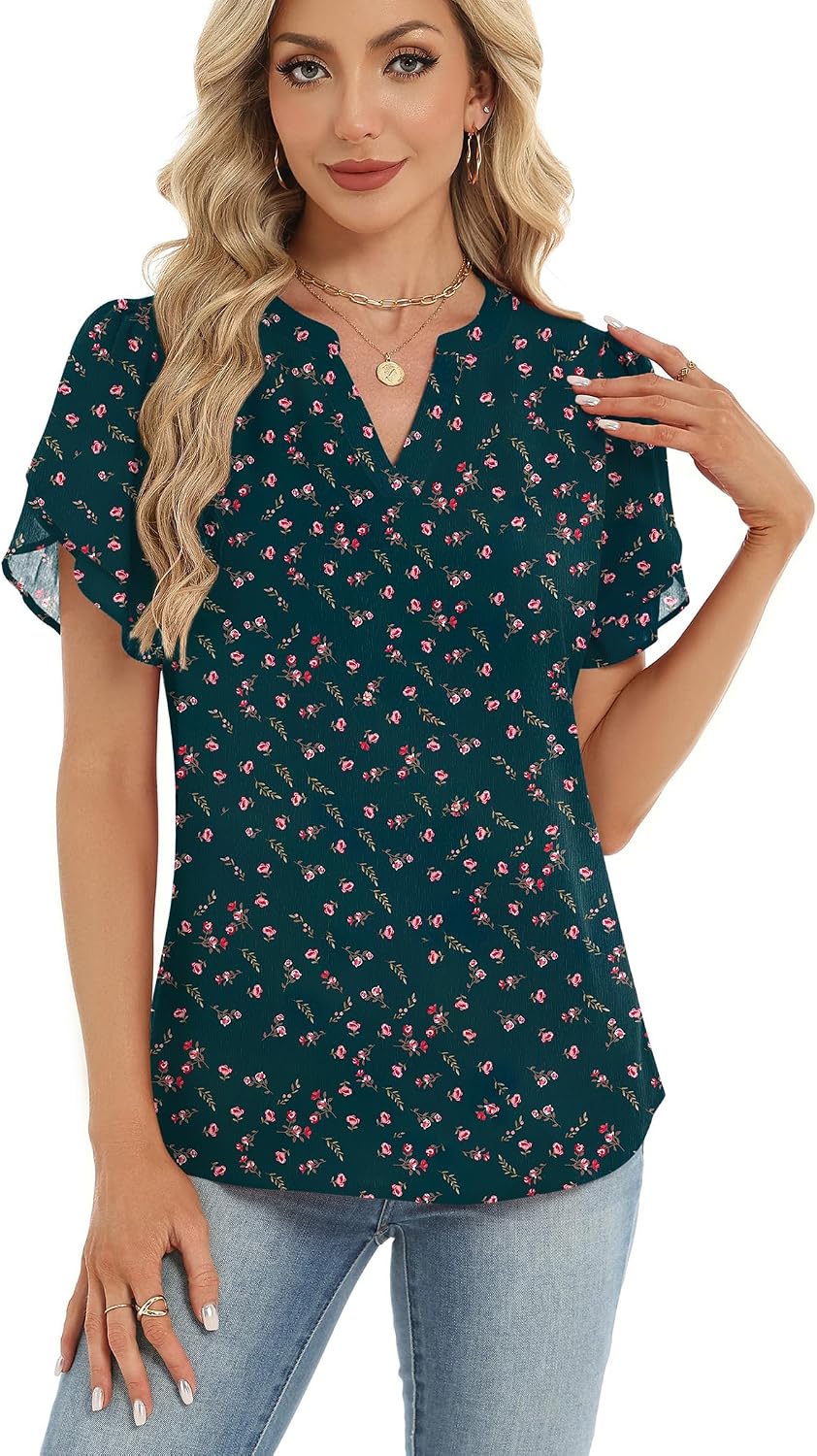 Zeagoo Womens Dressy Casual Chffon Shirts Short Sleeve V Neck Work Blouse