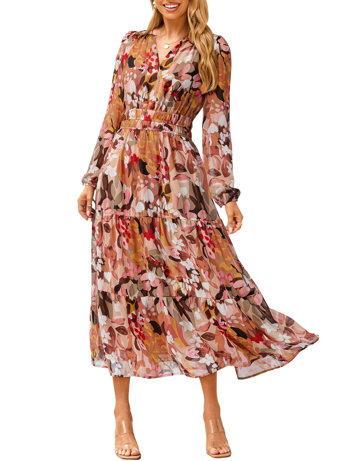 Simplee Women's Floral Boho Long Sleeve Maxi Dress V Neck Empire Waist Swing Flowy Wedding Guest Dress