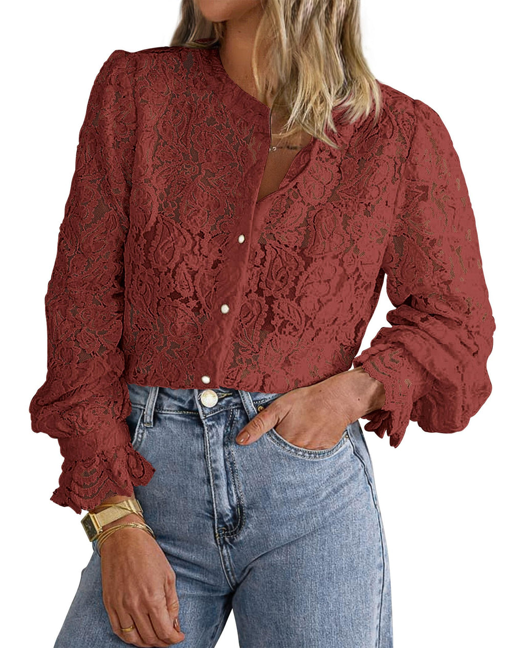 PRETTYGARDEN Women's Fall Trendy Long Sleeve Lace Tops