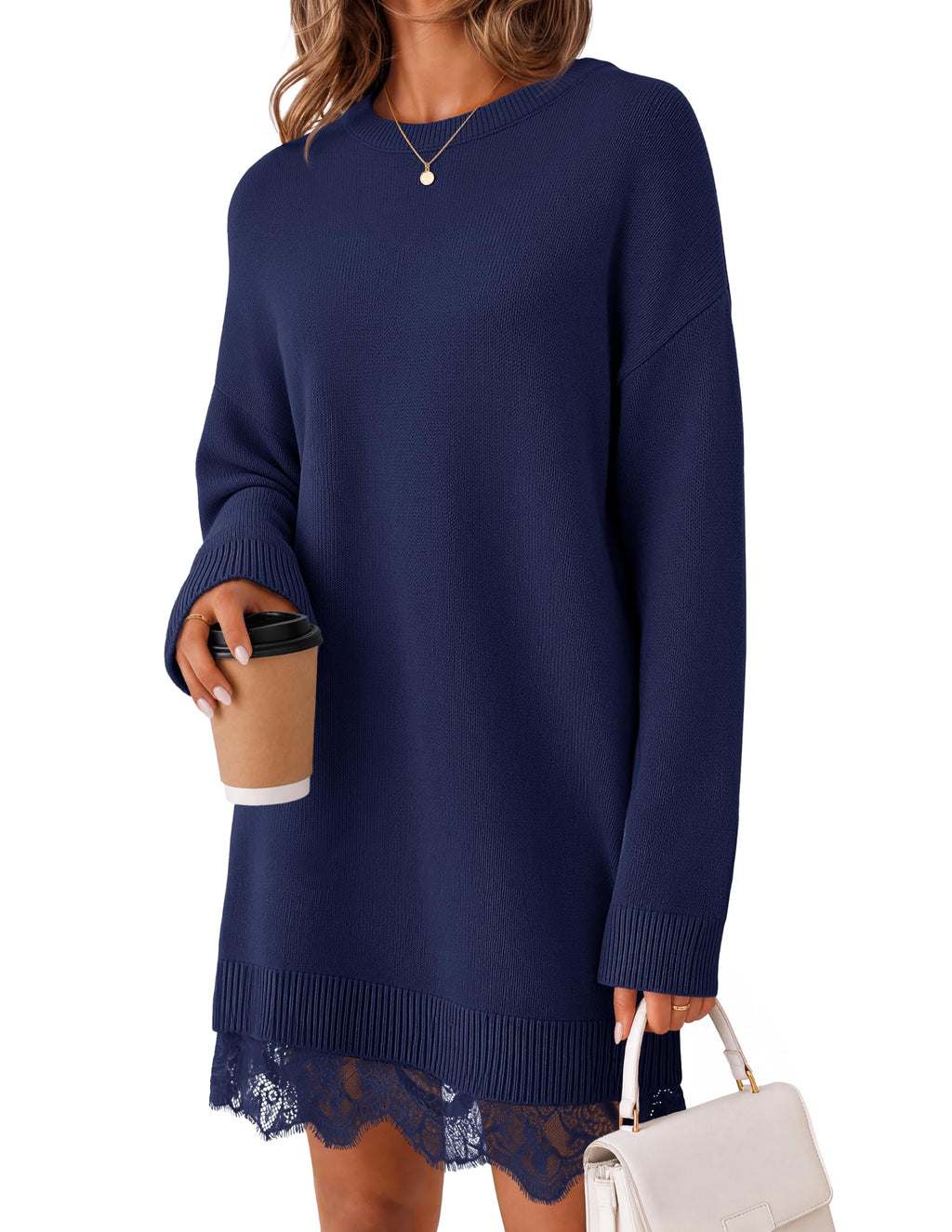 MEROKEETY Women's Fall Long Sleeve Lace Oversized Casual Knit Sweater Dress