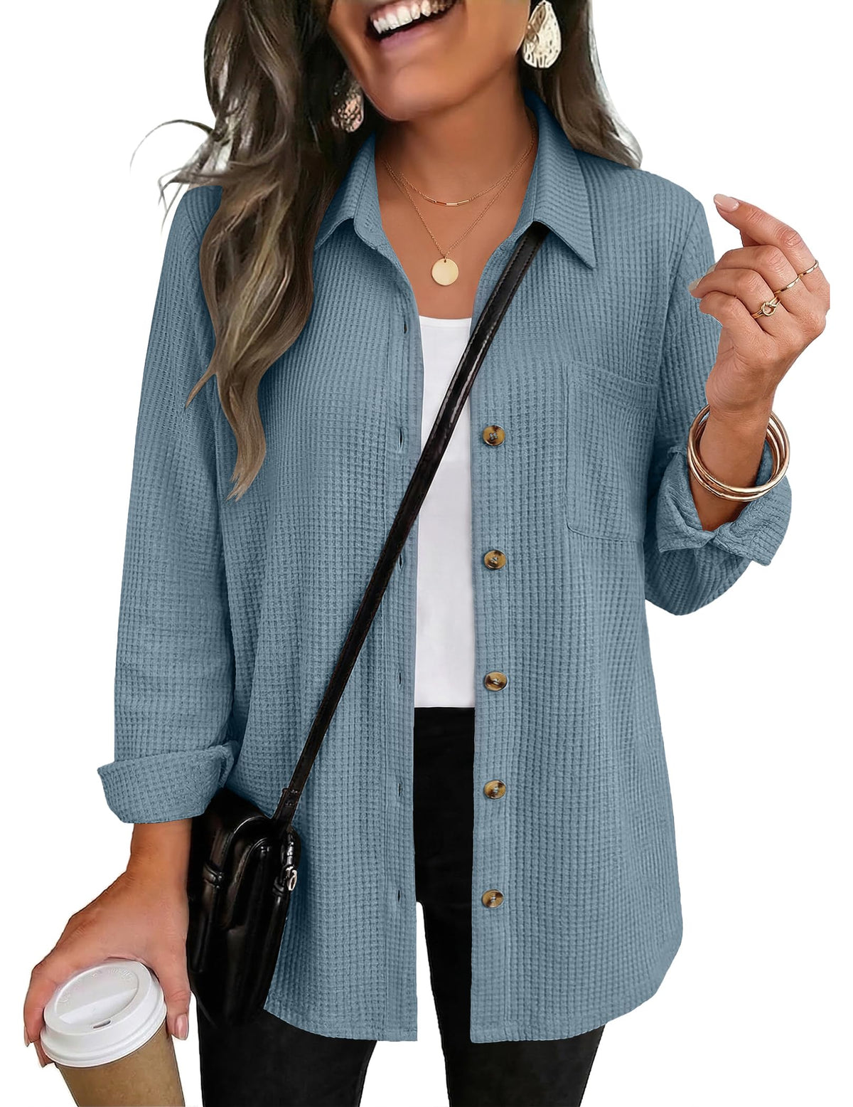 Zeagoo Womens Waffle Knit Shacket Button Down Long Sleeve Tops with Pocket