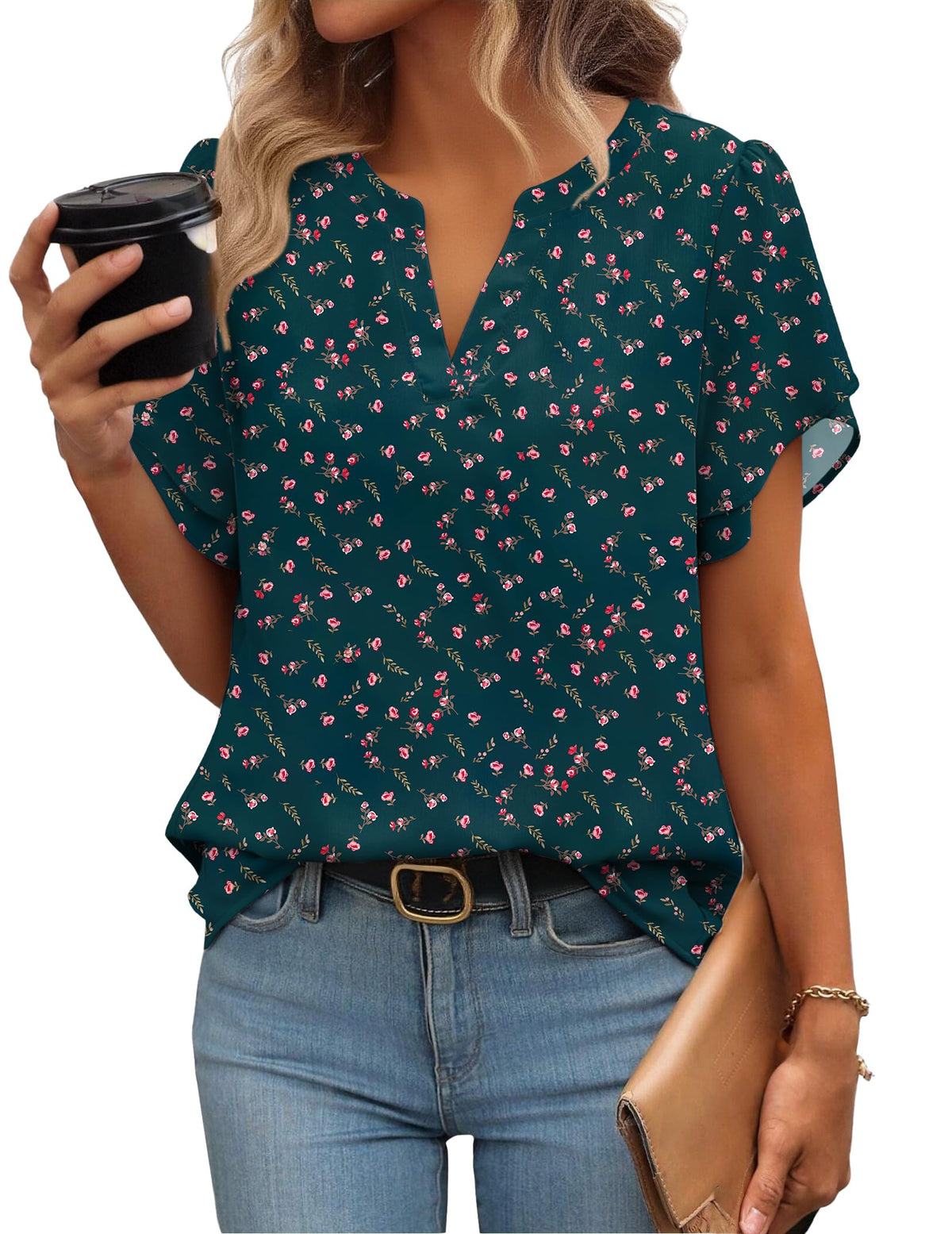 Zeagoo Womens Dressy Casual Chffon Shirts Short Sleeve V Neck Work Blouse