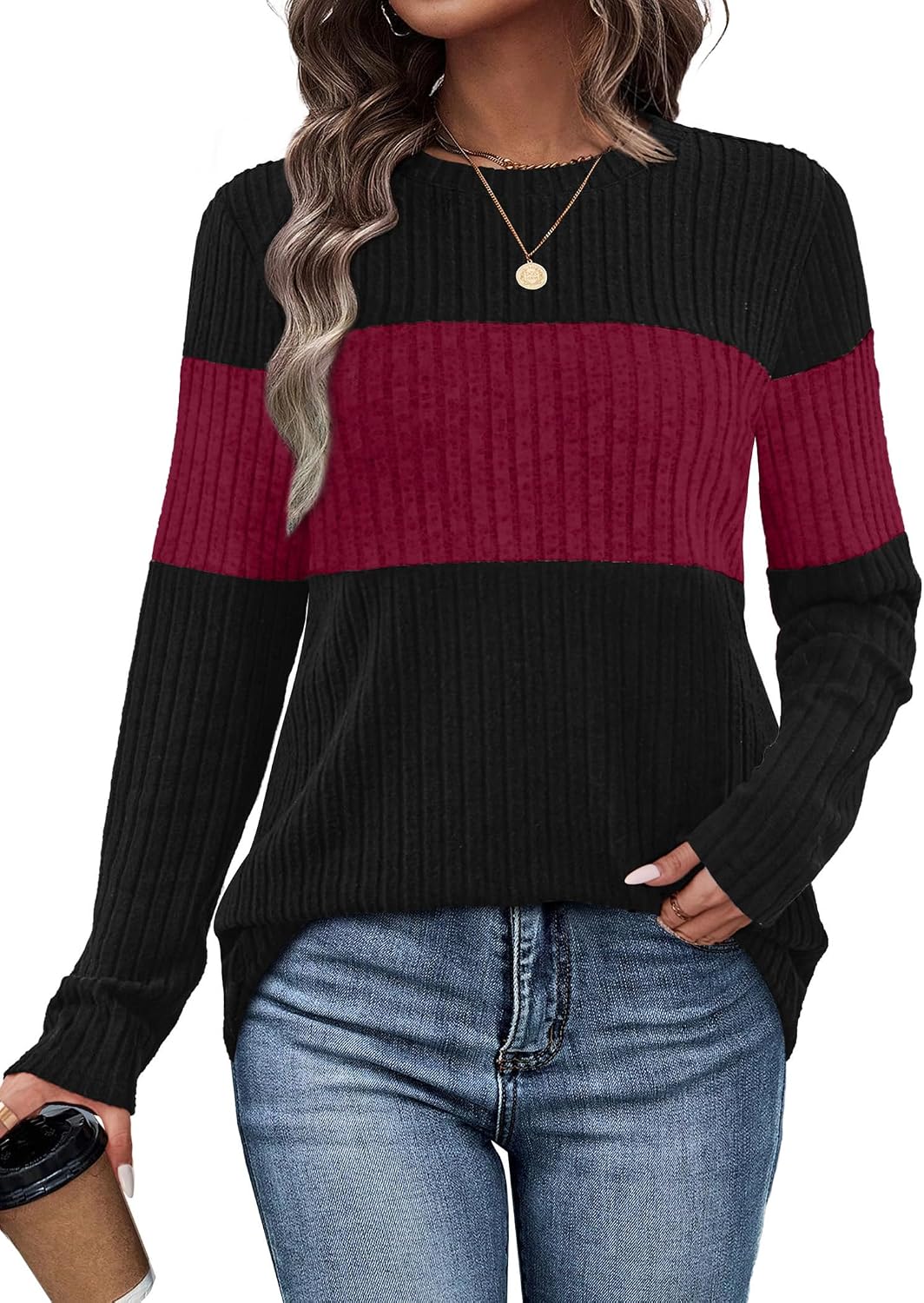 WIHOLL Womens Sweaters Trendy Color Block Tops Long Sleeve Shirts Fall Outfits Early Fall Fashion 2026 Winter Clothing