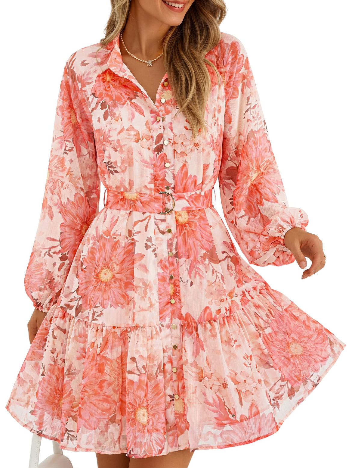 ZESICA Womens 2026 Fall Long Sleeve Floral Mini Dress