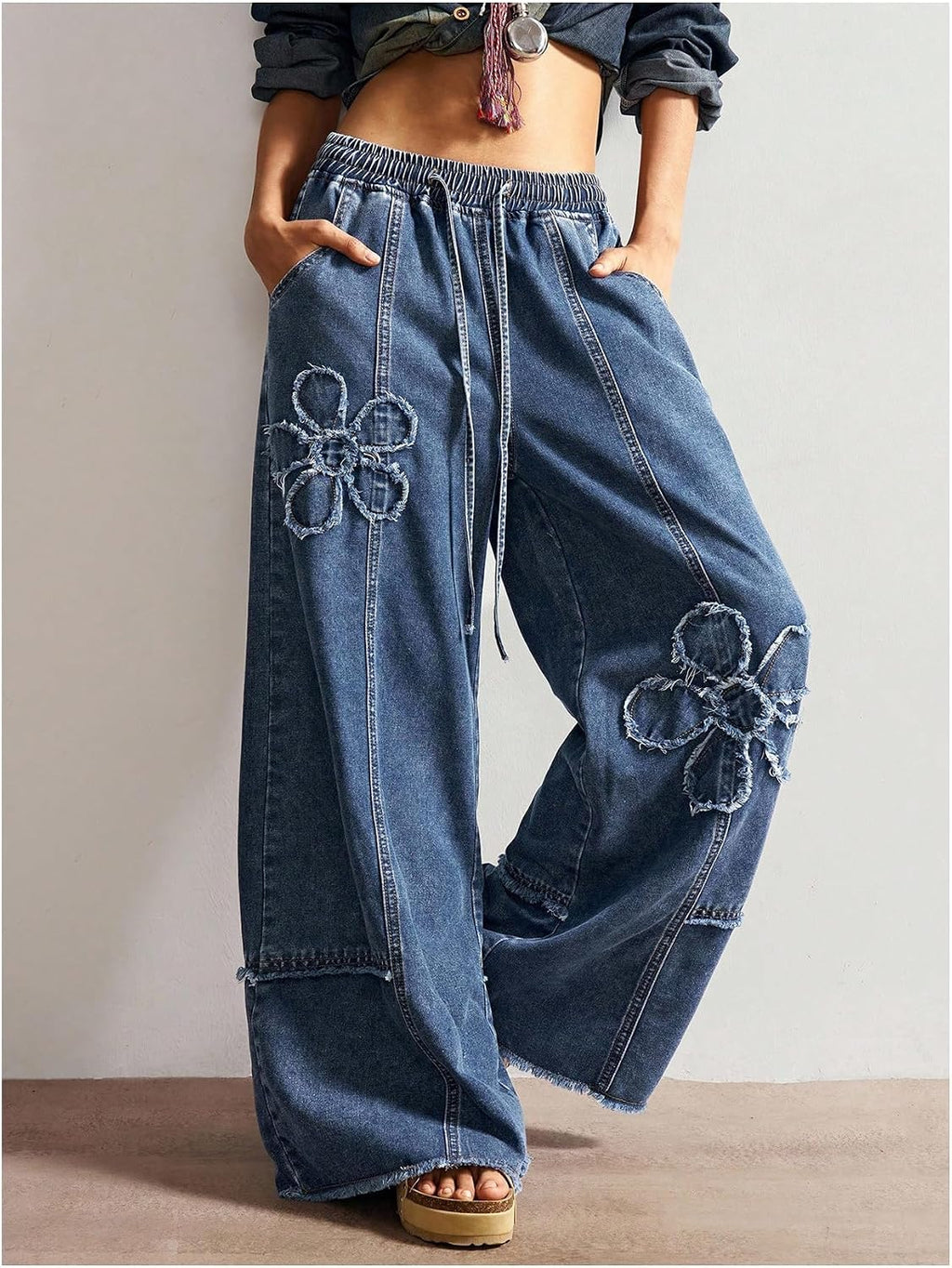 BEAUDRM Women's Y2K Baggy Jeans Wide Leg Jeans Denim Boho Pants