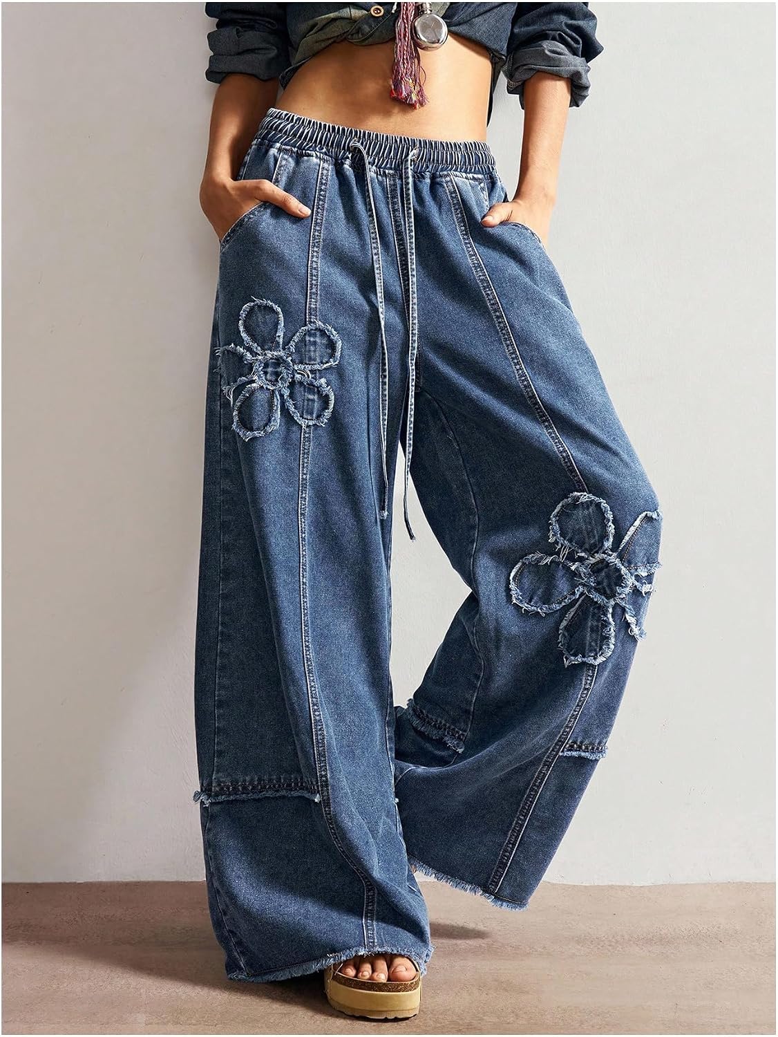 BEAUDRM Women's Y2K Baggy Jeans Wide Leg Jeans Denim Boho Pants
