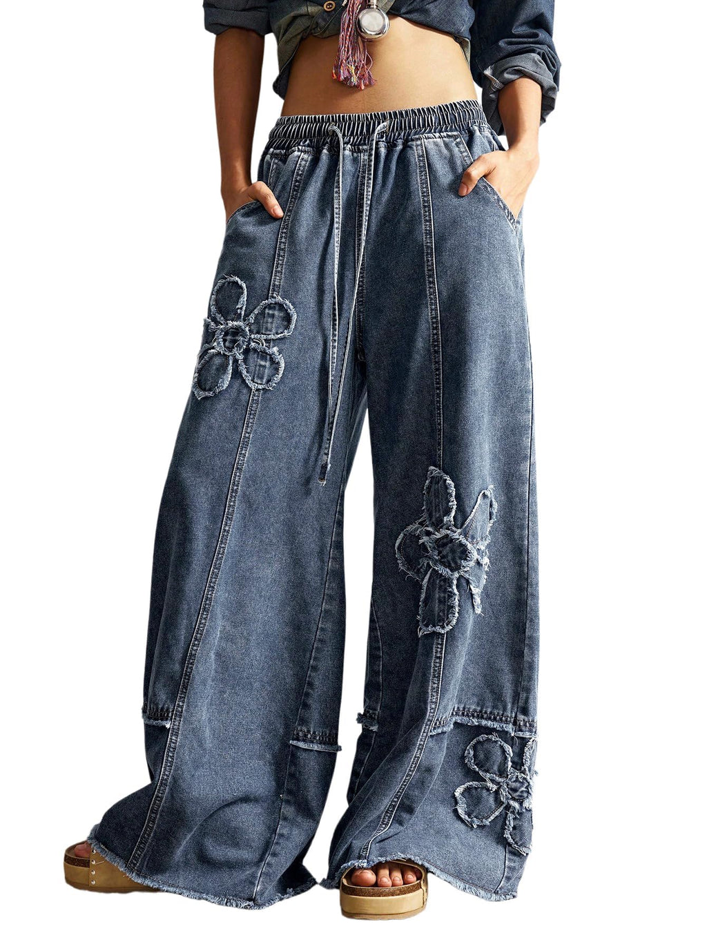BEAUDRM Women's Y2K Baggy Jeans Wide Leg Jeans Denim Boho Pants