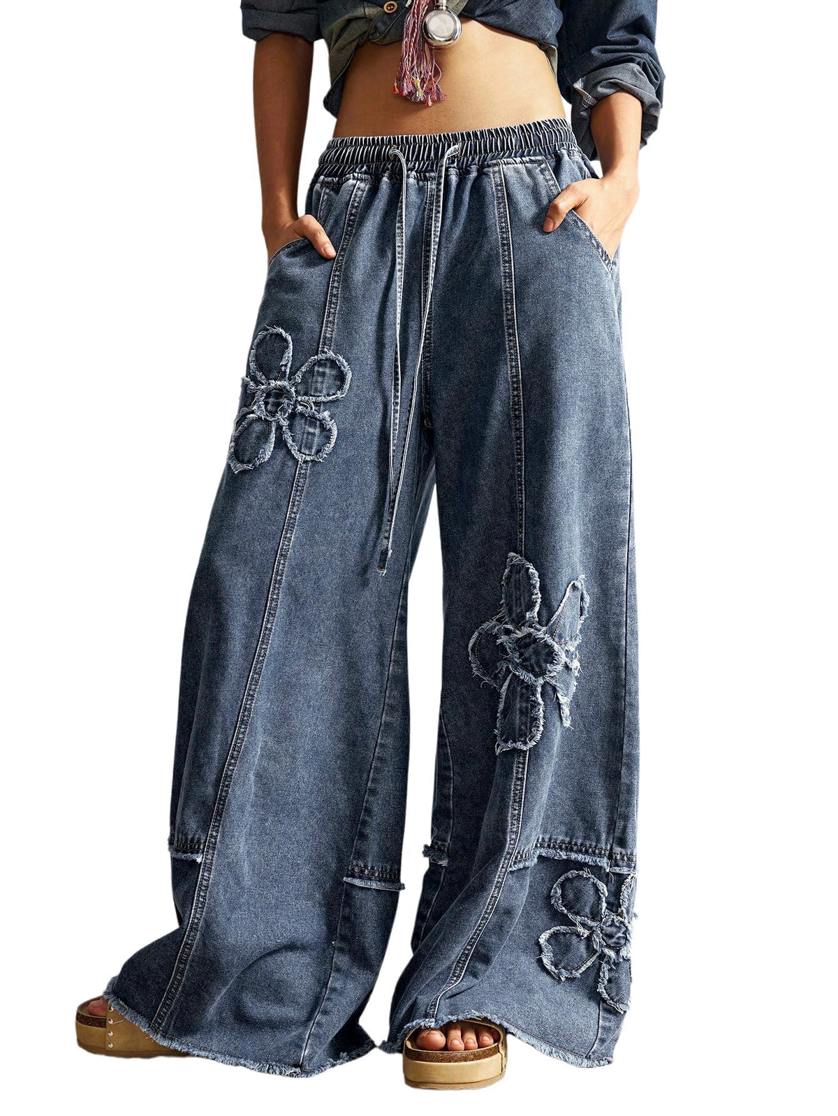 BEAUDRM Women's Y2K Baggy Jeans Wide Leg Jeans Denim Boho Pants
