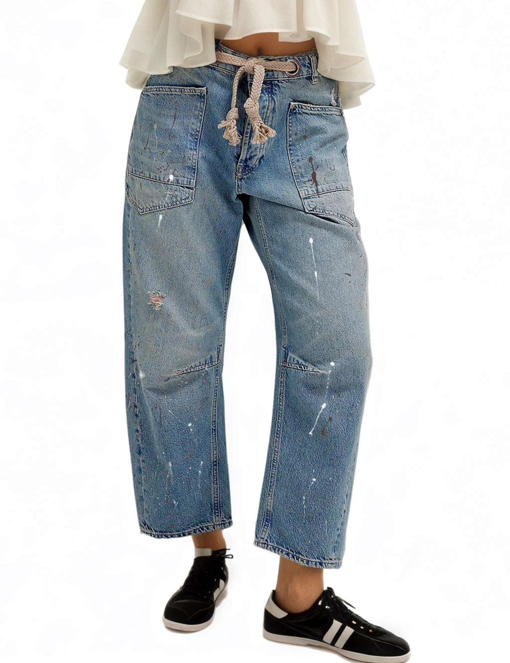 Mewunan Womens Pull-On Barrel Jeans Mid-Low Rise Boyfriend Drawstring Ankle Baggy Elastic Waist Stretchy Boho Denim Pants