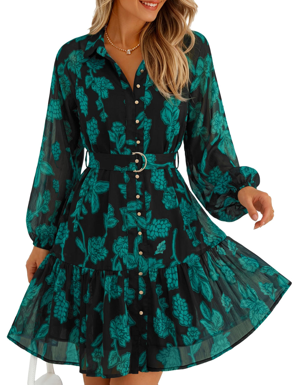 ZESICA Womens 2026 Fall Long Sleeve Floral Mini Dress