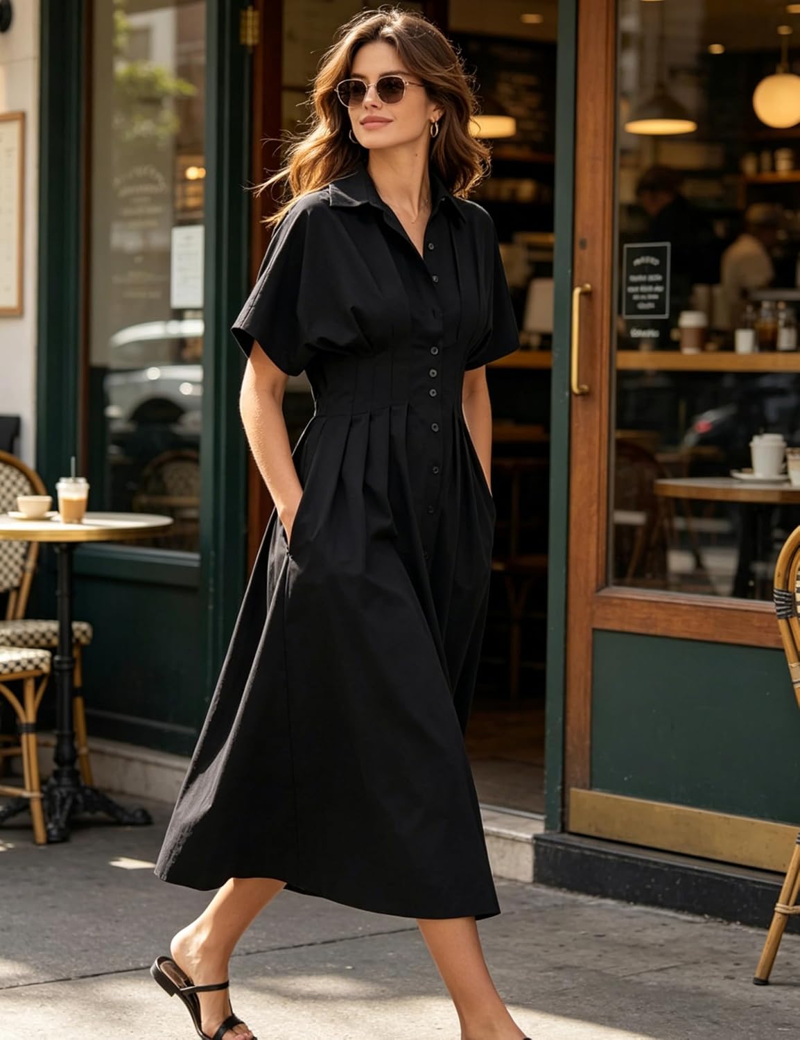 Yeokou Shirt Dress for Women Short Sleeve Button Front Casual Pleated Flowy Maxi Sundress with Pockets